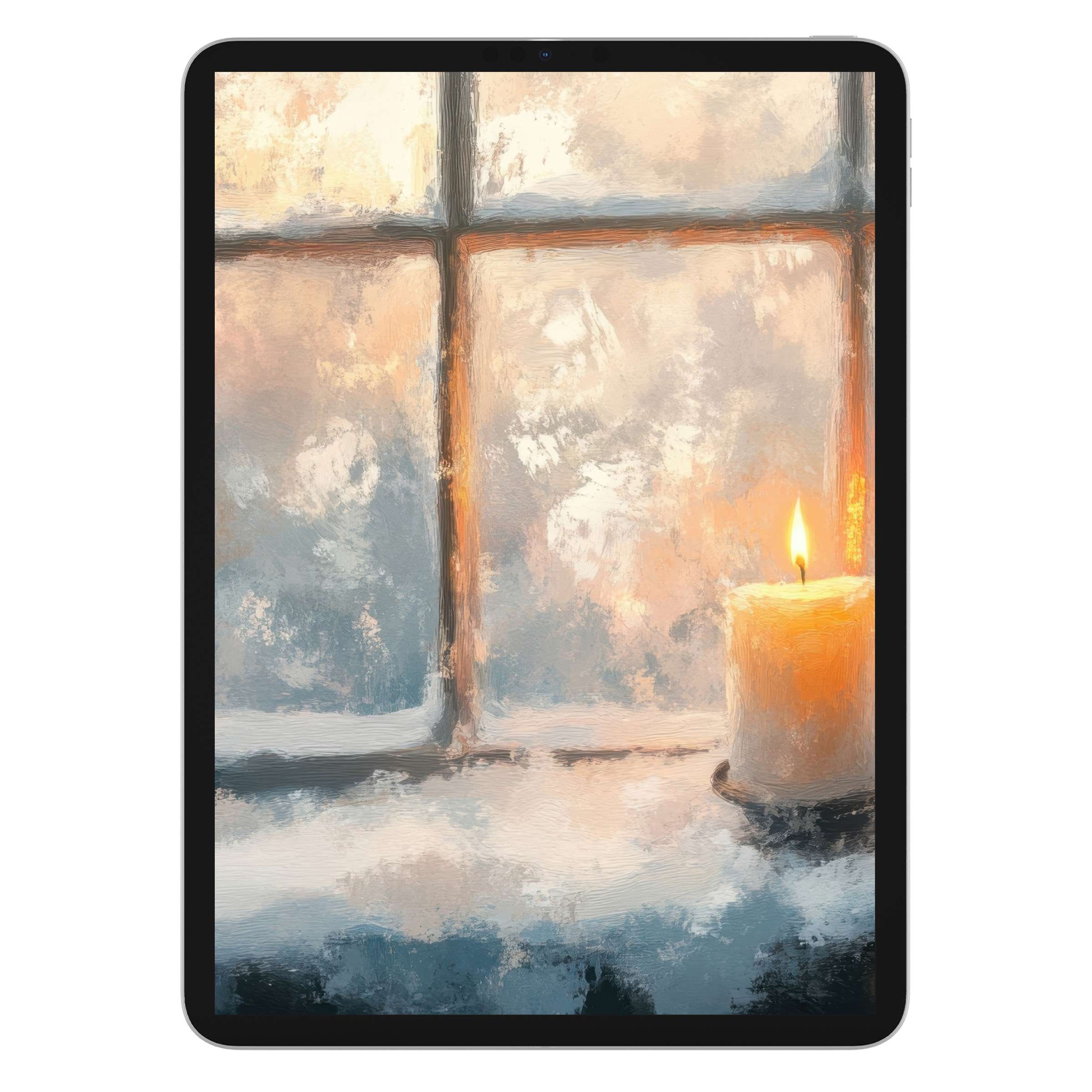 Cozy winter iPad wallpaper with softly glowing candle on a frosty window digital download for tranquil tablet background ambiance