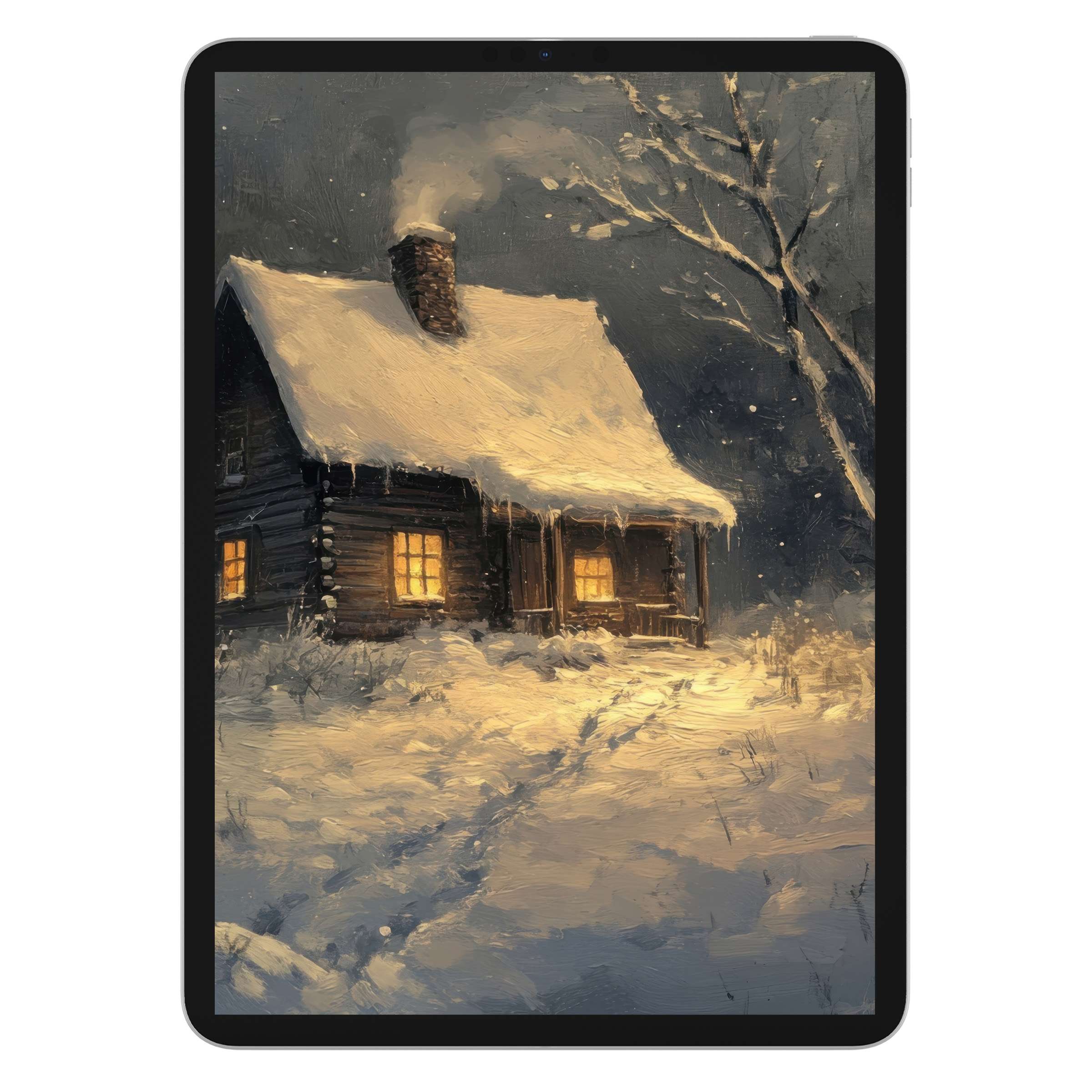 Cozy winter iPad wallpaper featuring a snowy cabin and glowing windows, ideal digital download for tablet backgrounds in seasonal charm