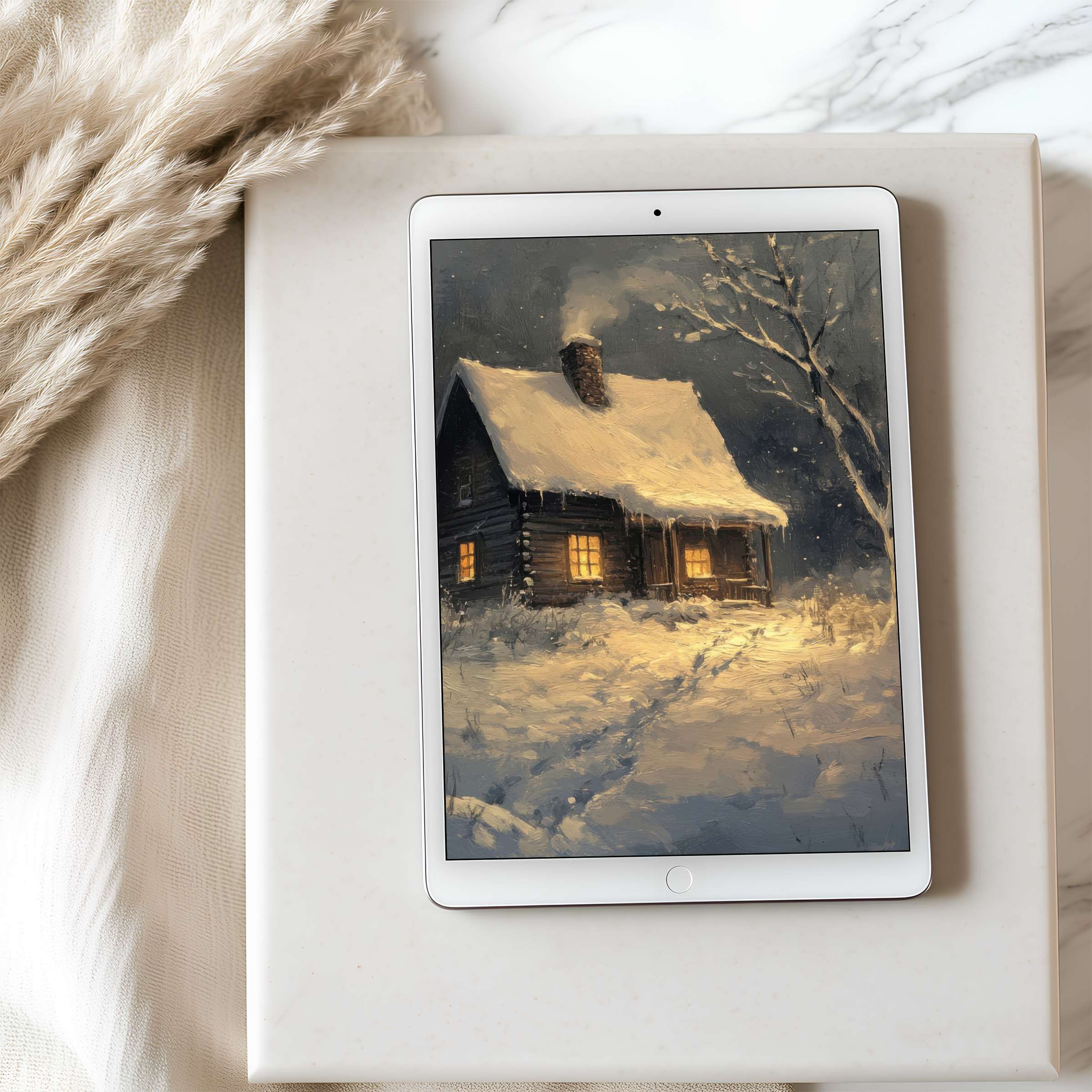 Cozy winter cabin scene as tablet wallpaper on iPad, offering high resolution serenity for design-aware calm and digital sustainability