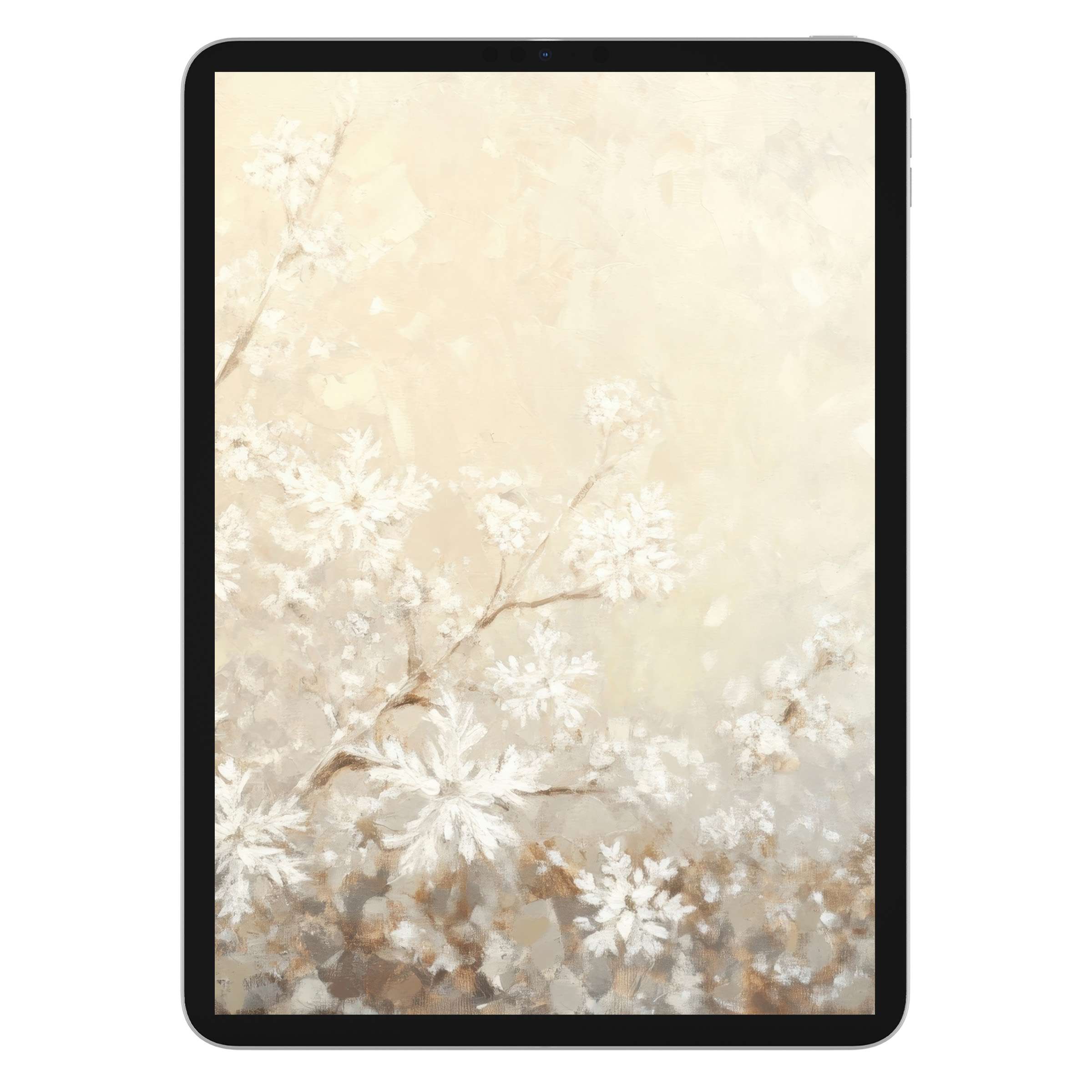Elegant winter iPad wallpaper digital download showcases serene beige and white florals, perfect background for any tablet device