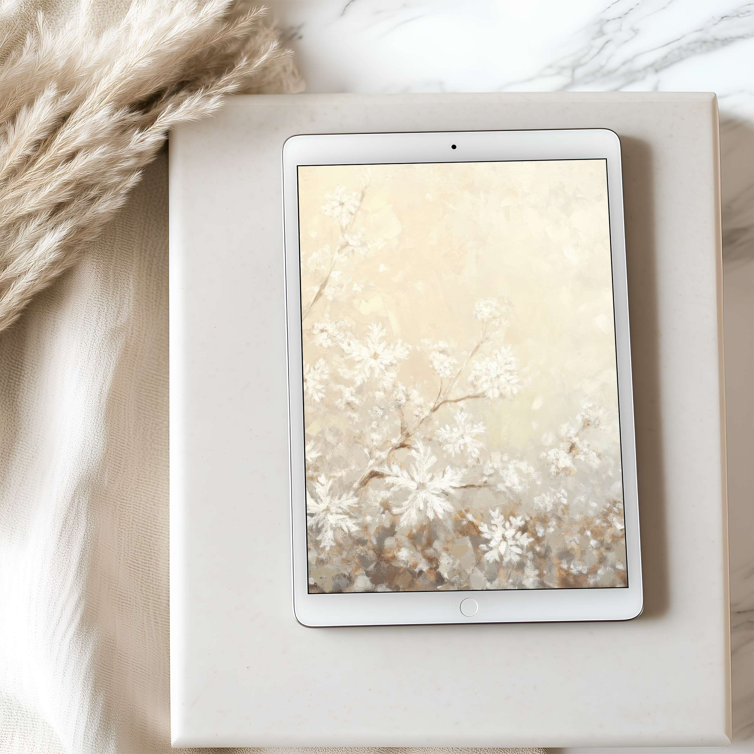 Elegant floral tablet wallpaper in soothing beige tones offers high resolution for iPad and Android tablets, perfect digital download