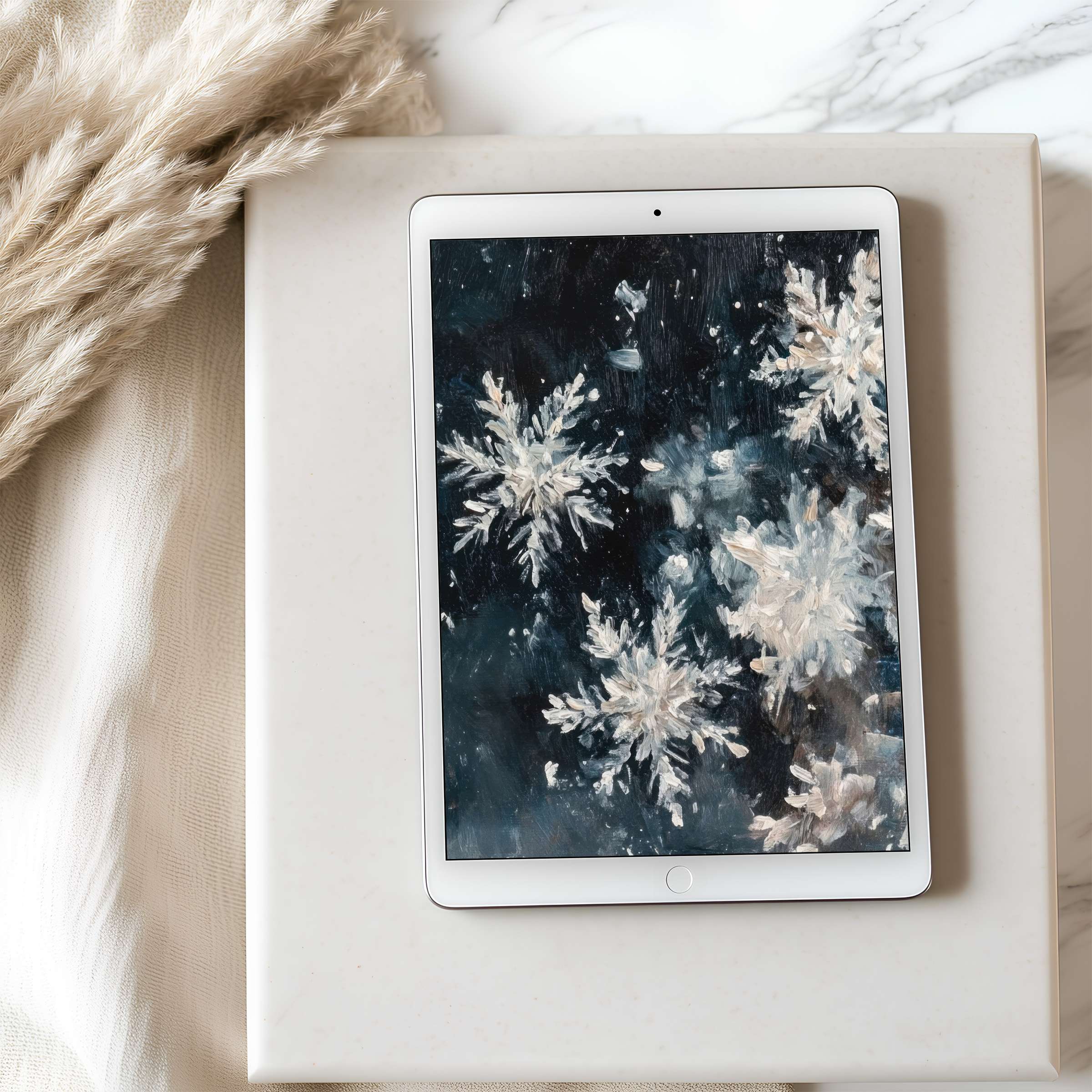 Snowflake-themed tablet wallpaper exudes tranquility with its dark, abstract design, ideal for iPad high-resolution digital download