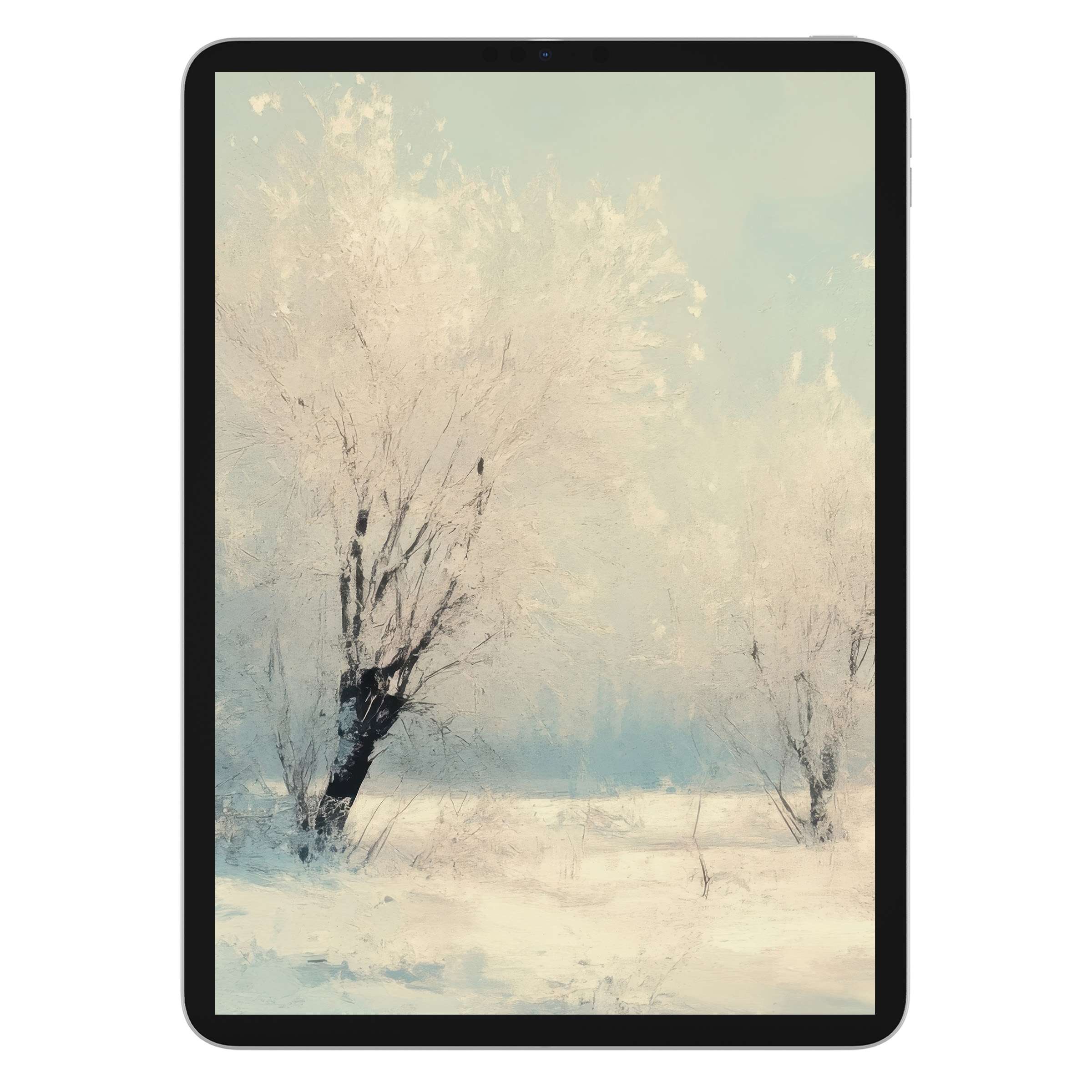 Winter iPad wallpaper featuring serene snowy trees in pastel shades for a calming tablet background digital download option