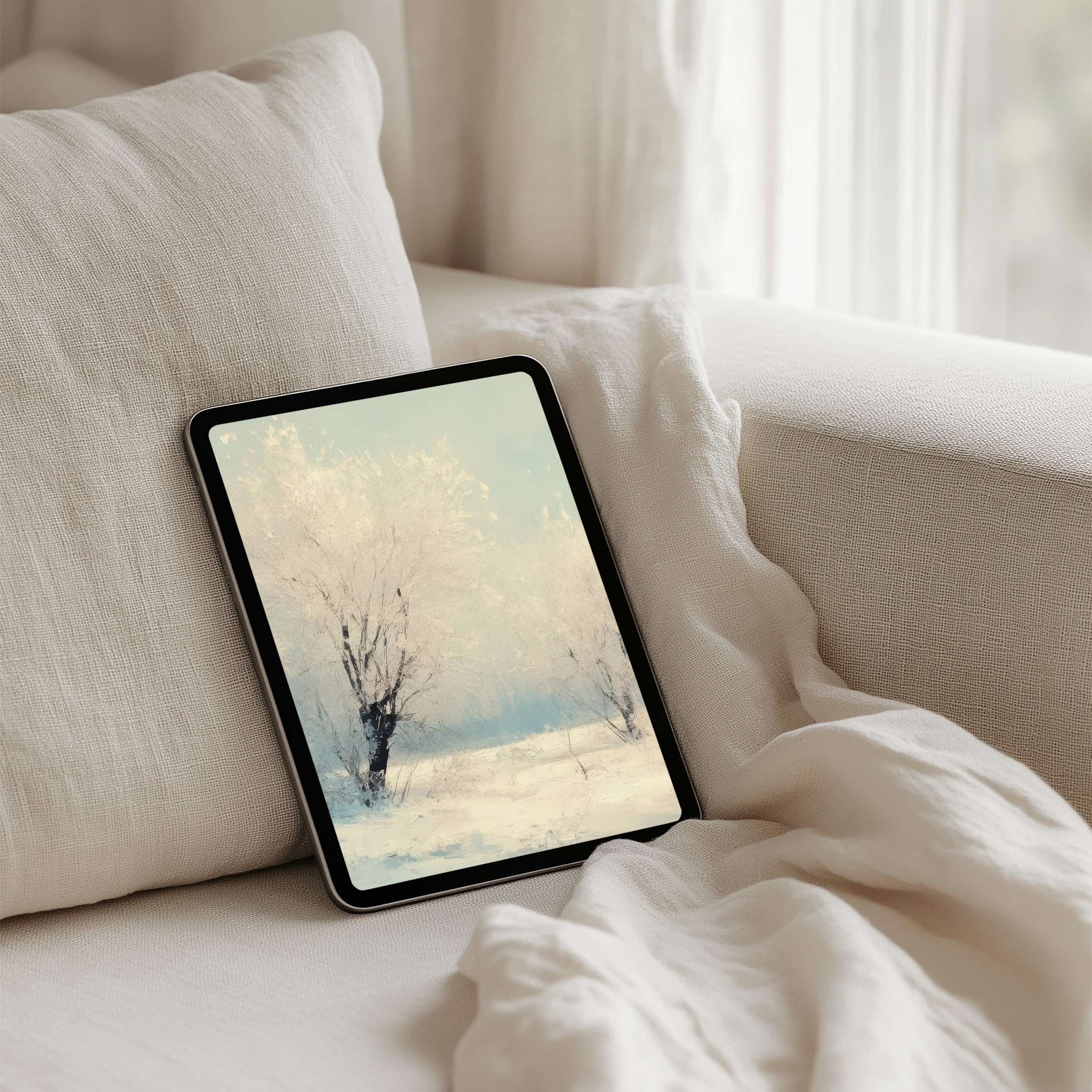 Elegant iPad background with serene winter scene for instant download fits all tablet sizes bringing calm and mindful inspiration