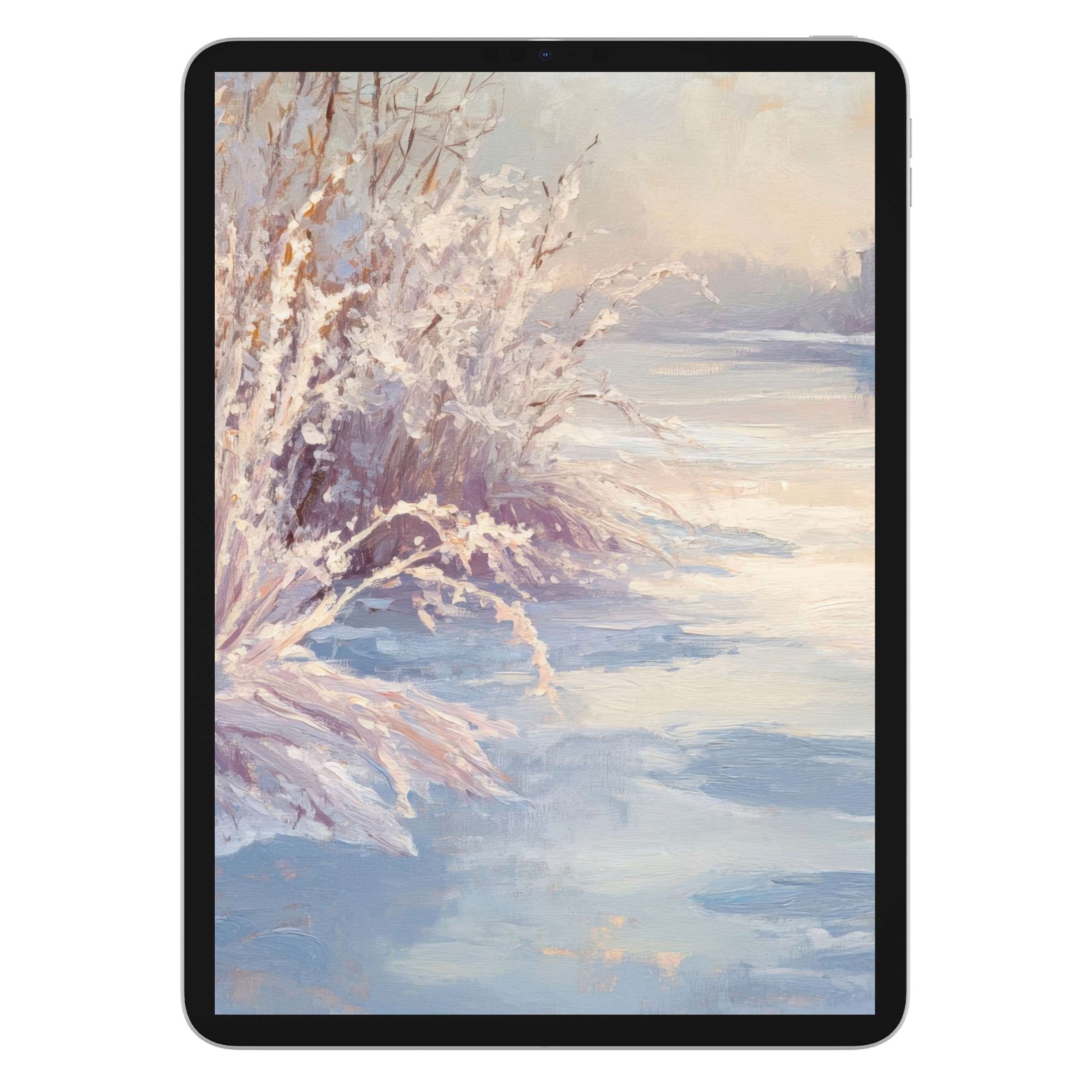 Elegant winter iPad wallpaper featuring soft pastel hues and serene textures, perfect digital download for tablet background tranquility