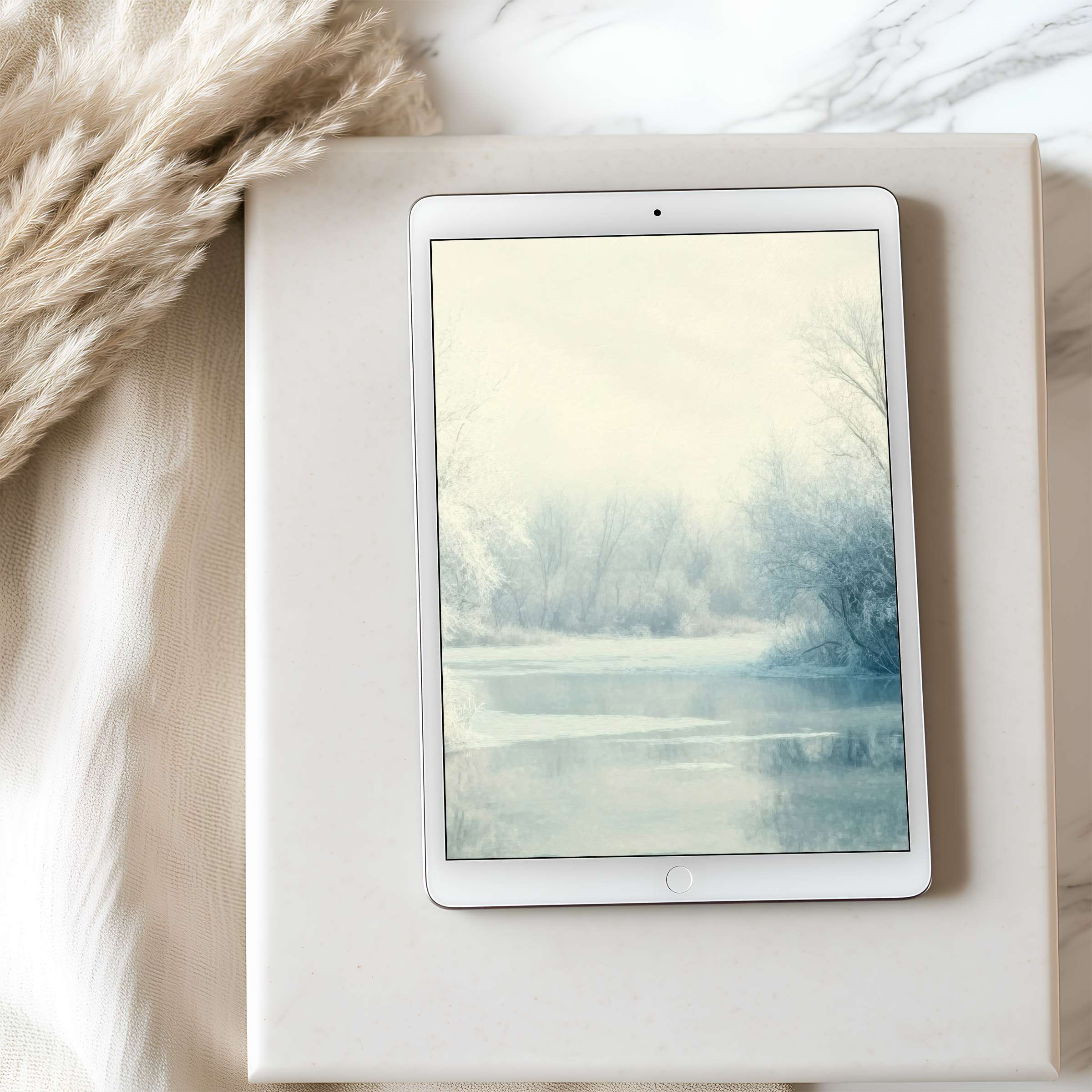 Elegant winter landscape tablet wallpaper in soothing blue and beige hues on iPad, perfect high-resolution digital download for serene spaces