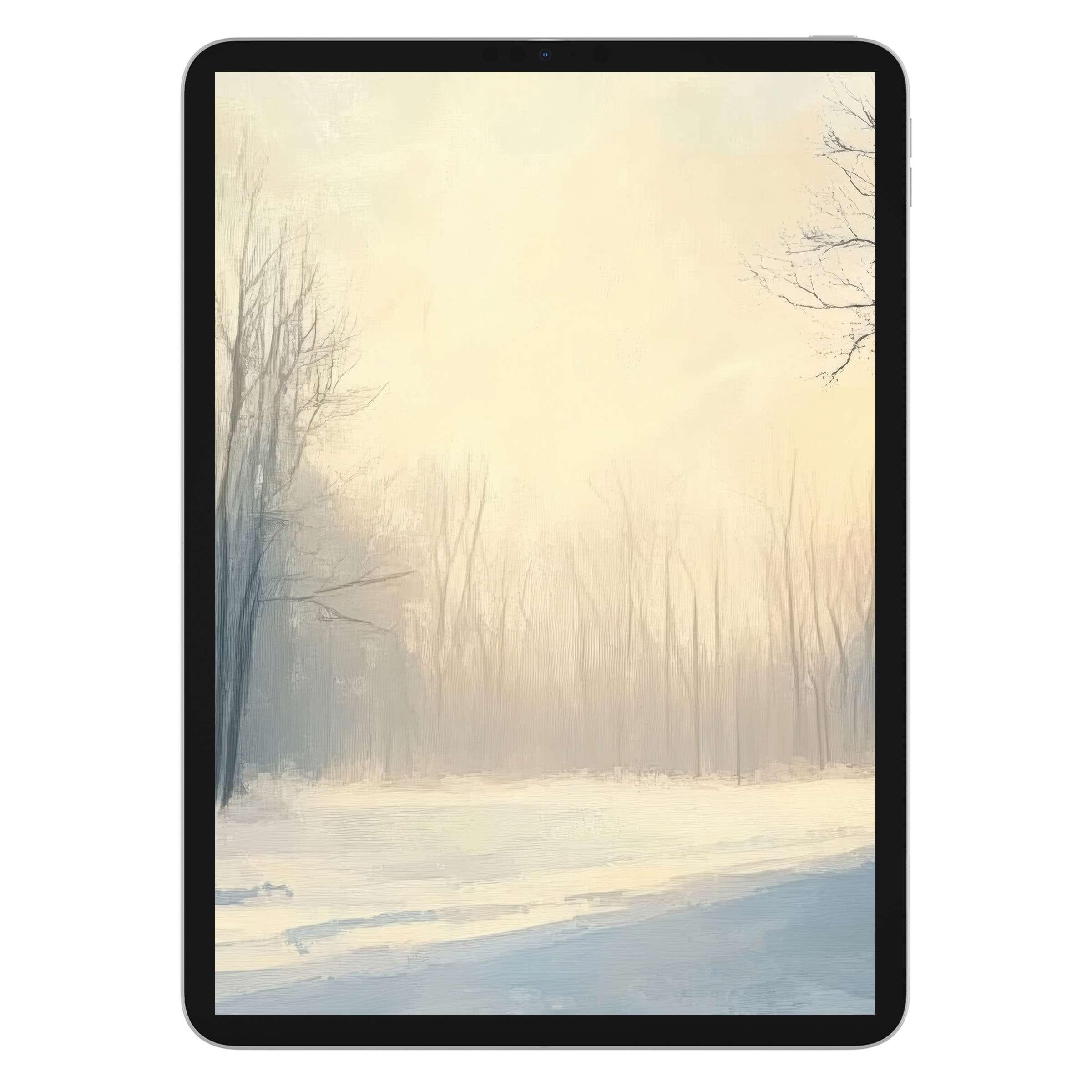 Serene winter iPad wallpaper digital download with soft pastel hues offers a calming tablet background for iPad and Android devices