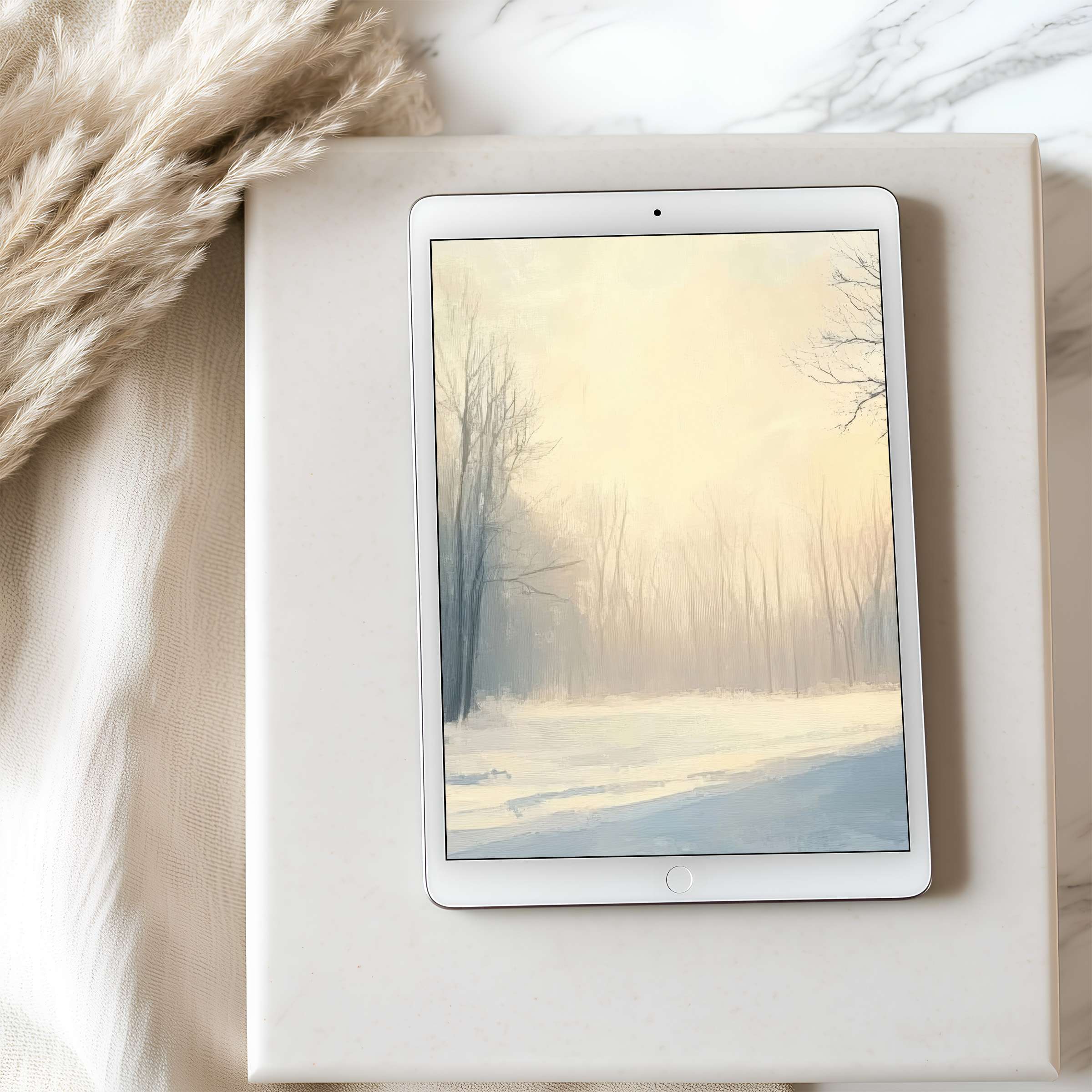 Serene winter forest tablet wallpaper in soft pastels elevates iPad aesthetics, offering a calming digital download for high resolution use