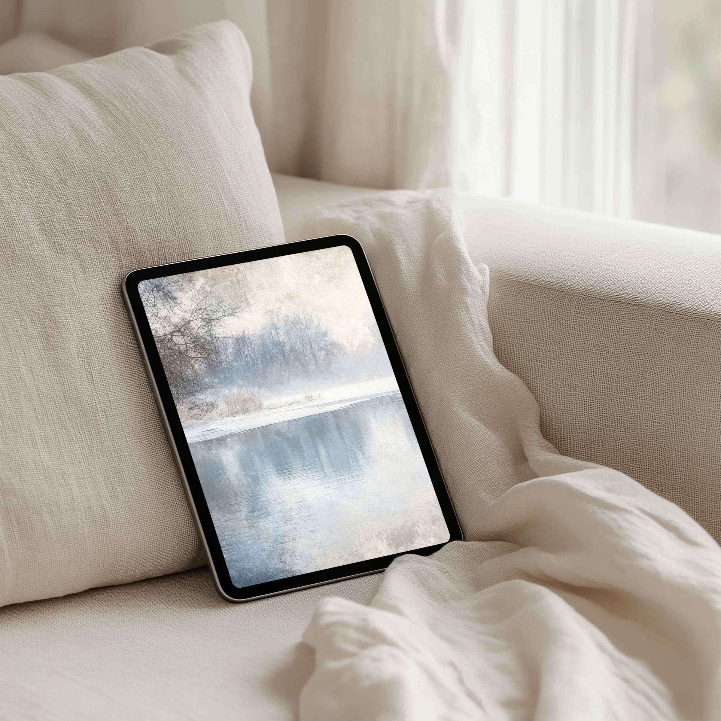 Calm, misty landscape iPad background elevates any tablet with elegance and mindfulness available for instant download now