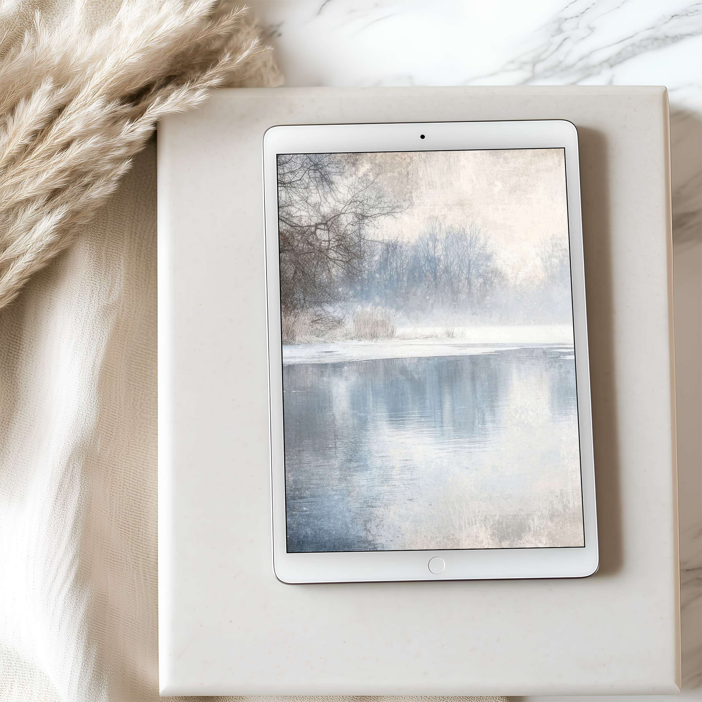 Tranquil tablet wallpaper featuring a serene winter lake scene in high resolution, perfect for adding elegance to your iPad background