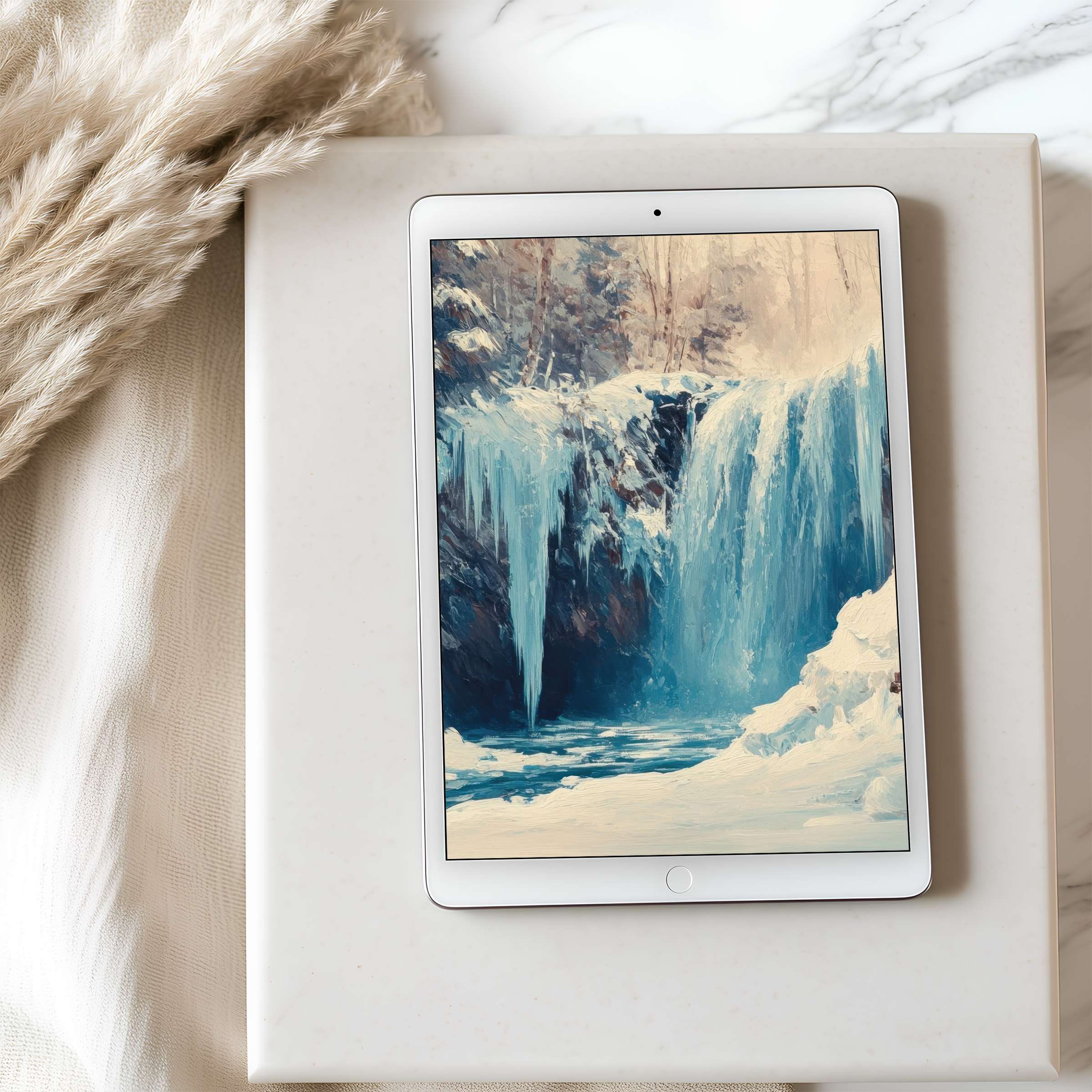Elegant tablet wallpaper featuring serene icy waterfall in high resolution, perfect for iPad and Android tablets, digital download