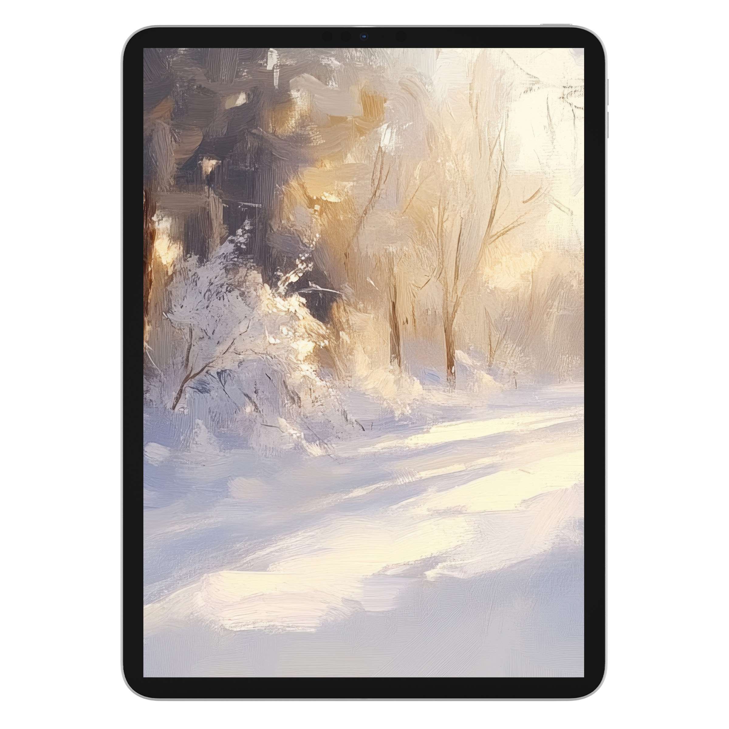 Winter iPad wallpaper featuring a serene snowy forest scene with soft golden light, perfect digital download for tablet background needs