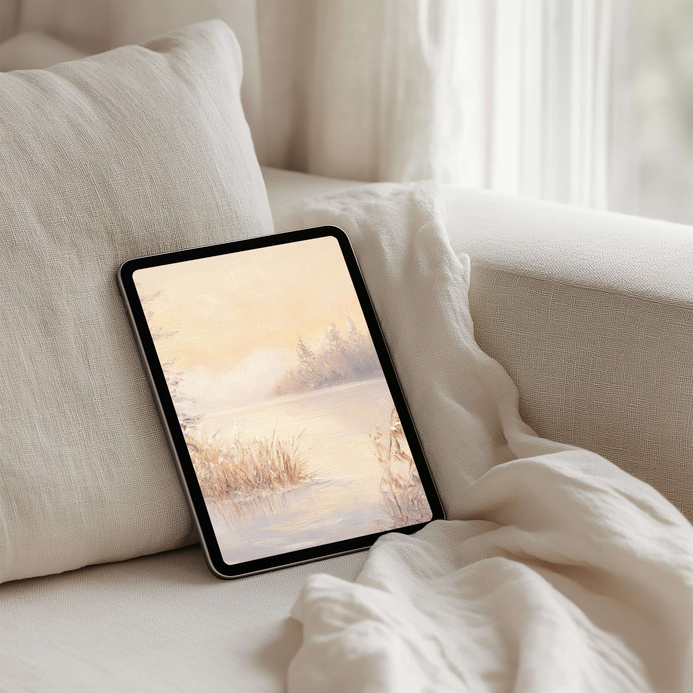 Serene landscape digital art on iPad background offers instant download for tablet users desiring mindfulness and elegant aesthetics