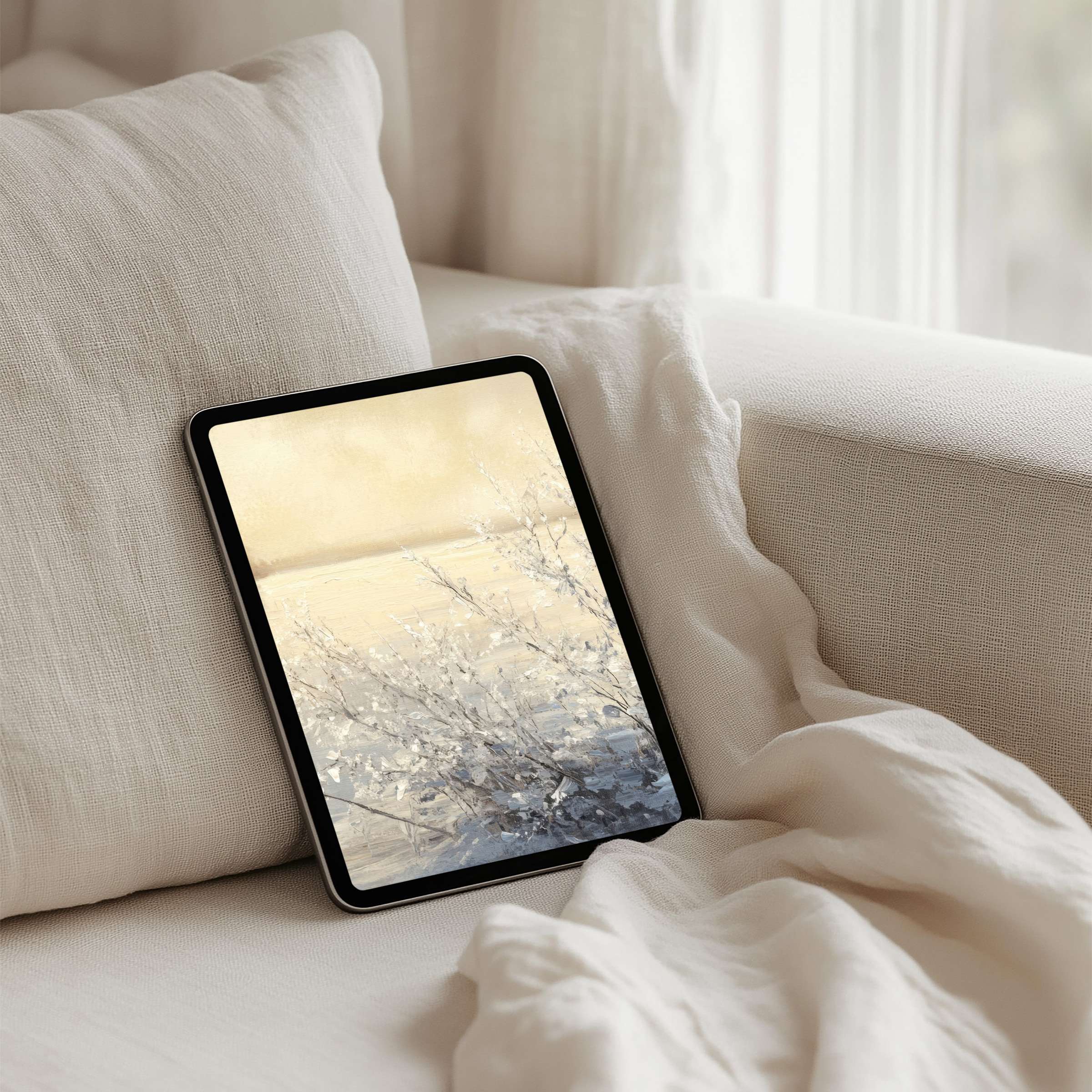 Elegant iPad background for instant download featuring serene winter scene on a tablet, evoking calm and mindfulness in any space