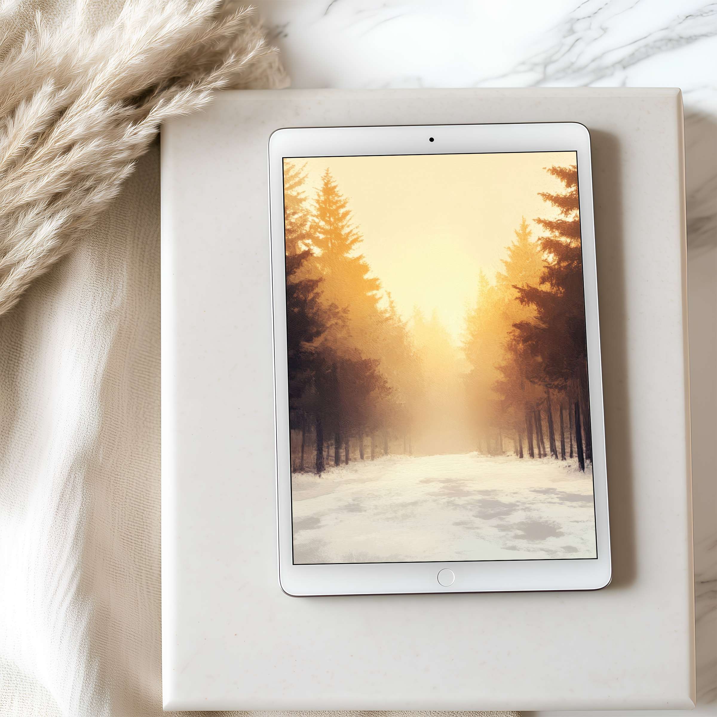 Serene forest scene tablet wallpaper in warm amber tones blends elegance with nature, ideal for iPad or Android, digital download