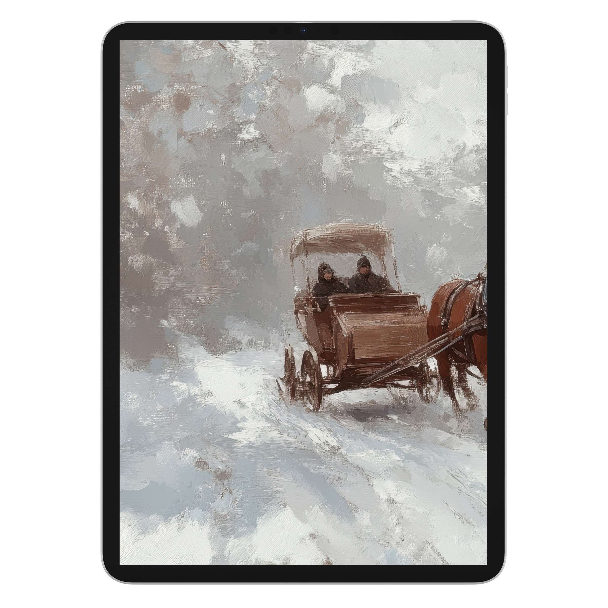 Elegant winter iPad wallpaper digital download featuring a snowy carriage scene on tablet background, perfect for creating serene atmospheres