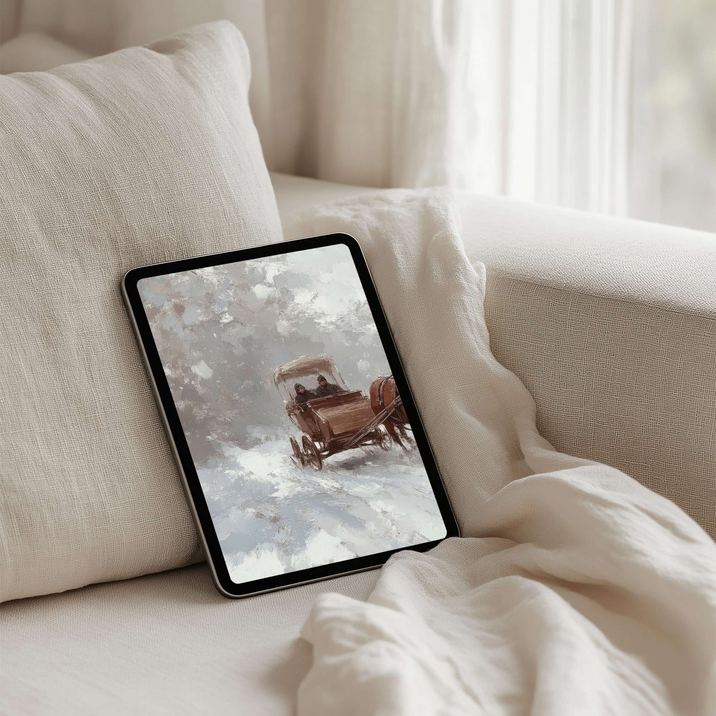Elegant iPad background featuring serene snowy carriage scene textures for tablet users seeking instant download mindfulness and calm