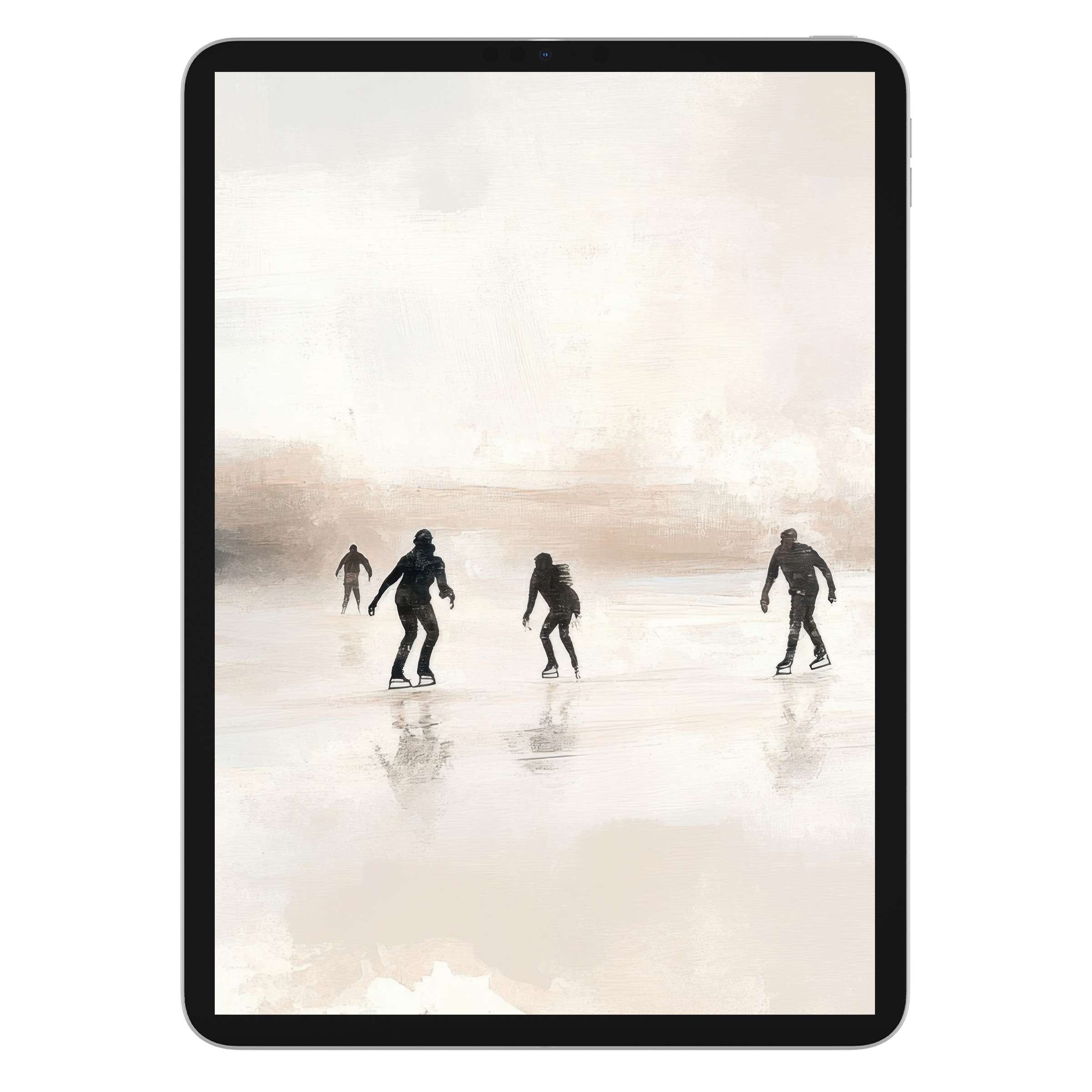 Elegant winter iPad wallpaper showcasing skaters on a serene icy background, perfect digital download for tablet tranquility and style