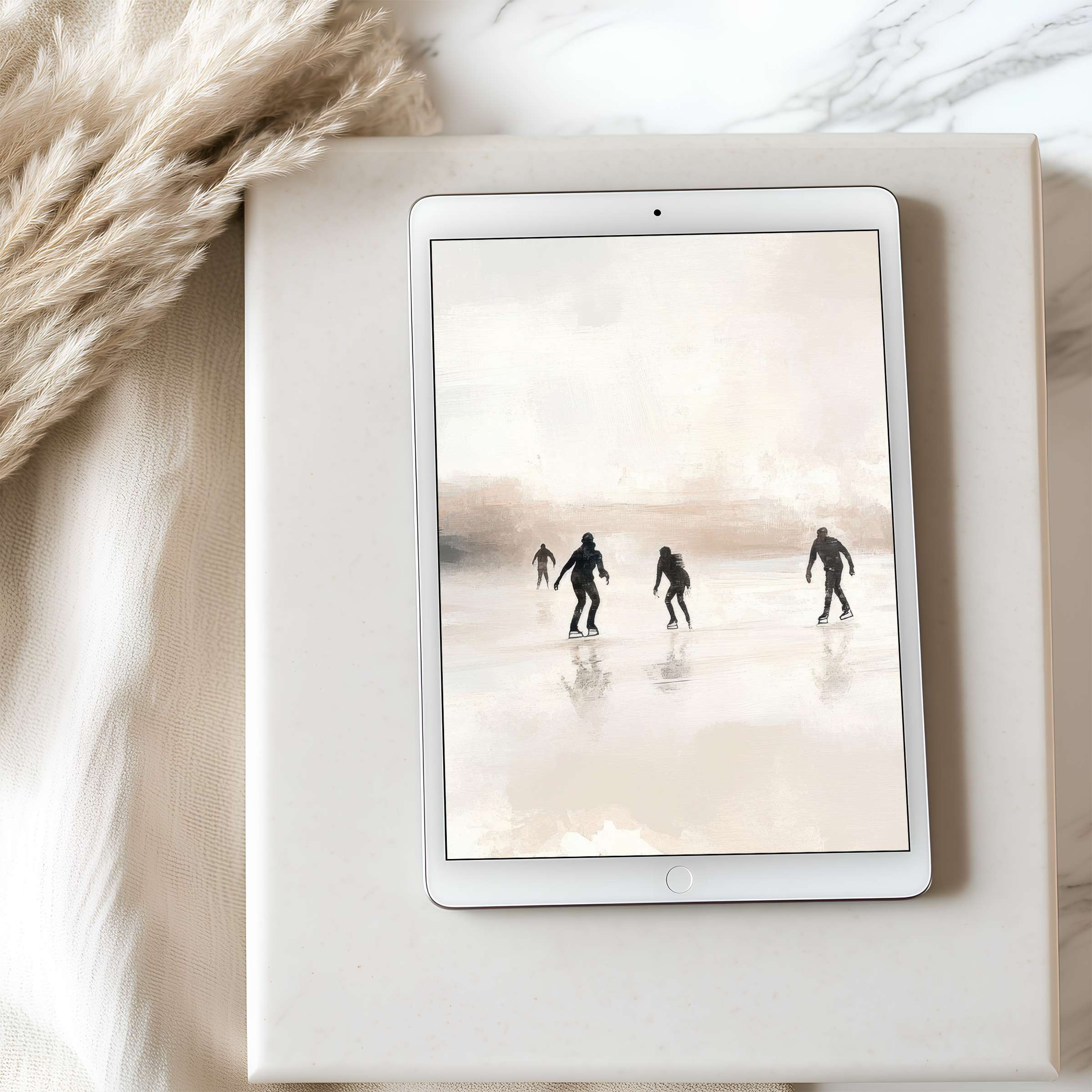 Elegant skaters glide on serene pastels, providing a tranquil tablet wallpaper suitable for iPad and Android, available in high resolution