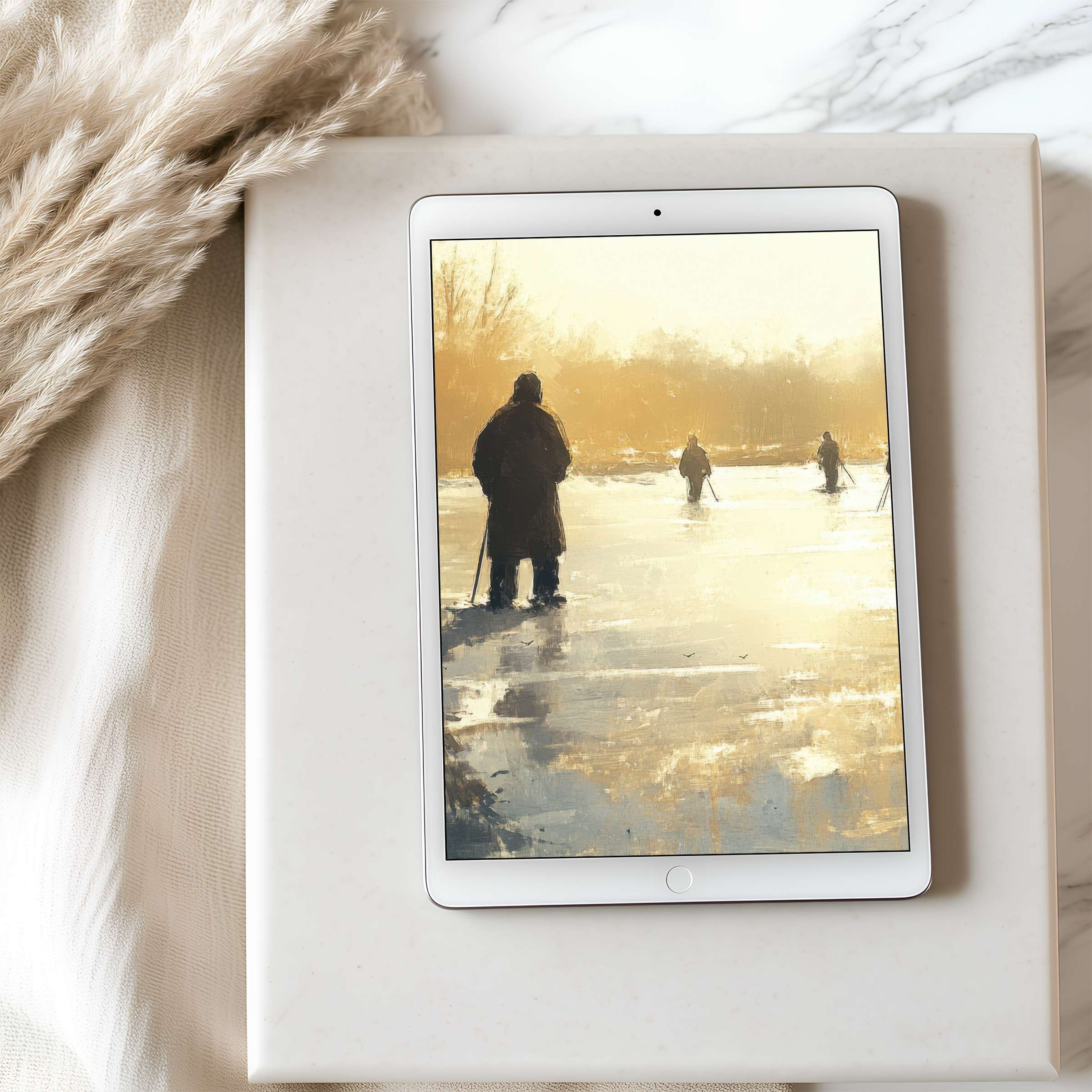 Tablet wallpaper featuring serene winter scene with figures on ice in warm tones, perfect for iPad and Android, high resolution download