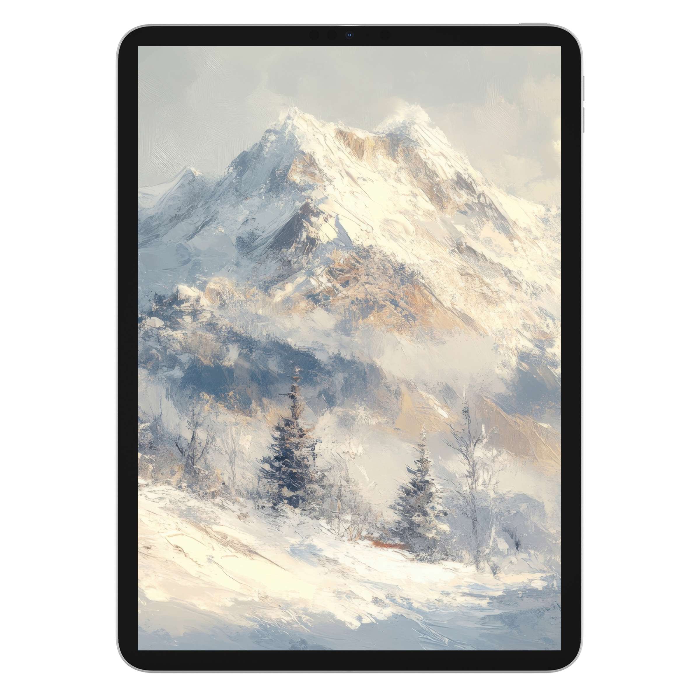 Winter iPad wallpaper featuring serene snow-covered mountains and trees, ideal elegant background for tablet digital download use