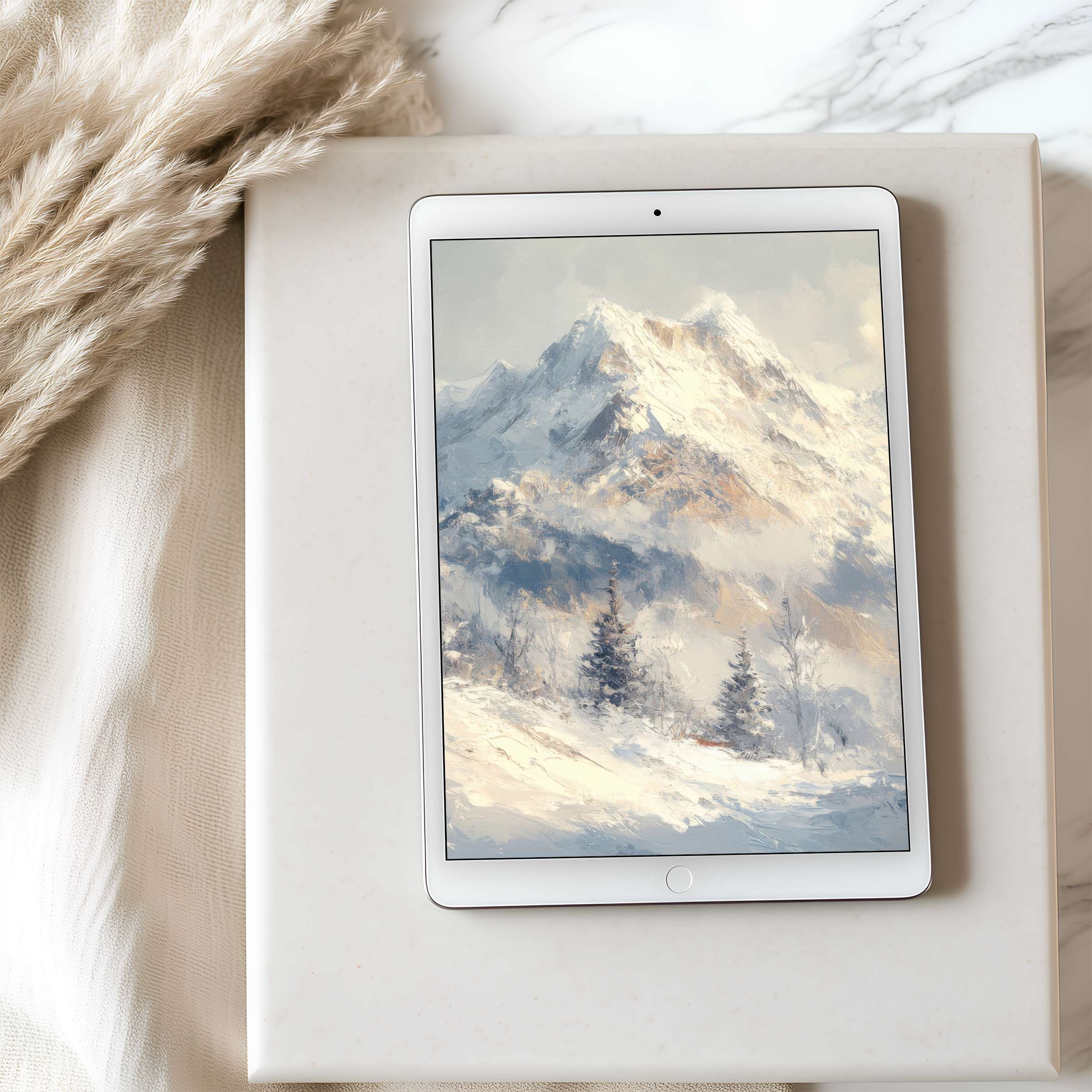 Elegant high-resolution tablet wallpaper featuring serene snow-capped mountains, perfect for iPad and Android, enhancing calm and beauty in digital spaces