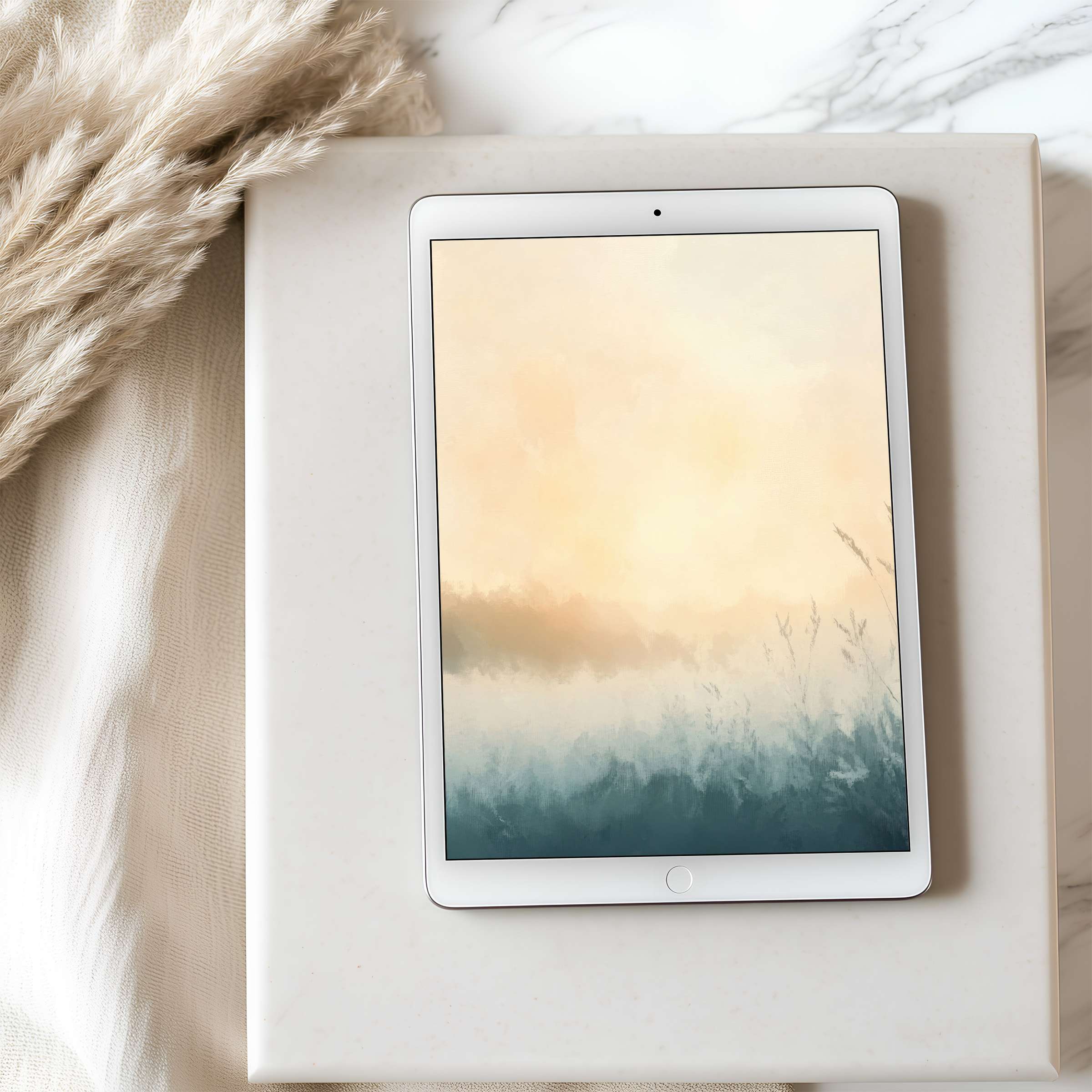 Elegant tablet wallpaper featuring a calming watercolor landscape in soft pastels, perfect for iPad and Android digital download
