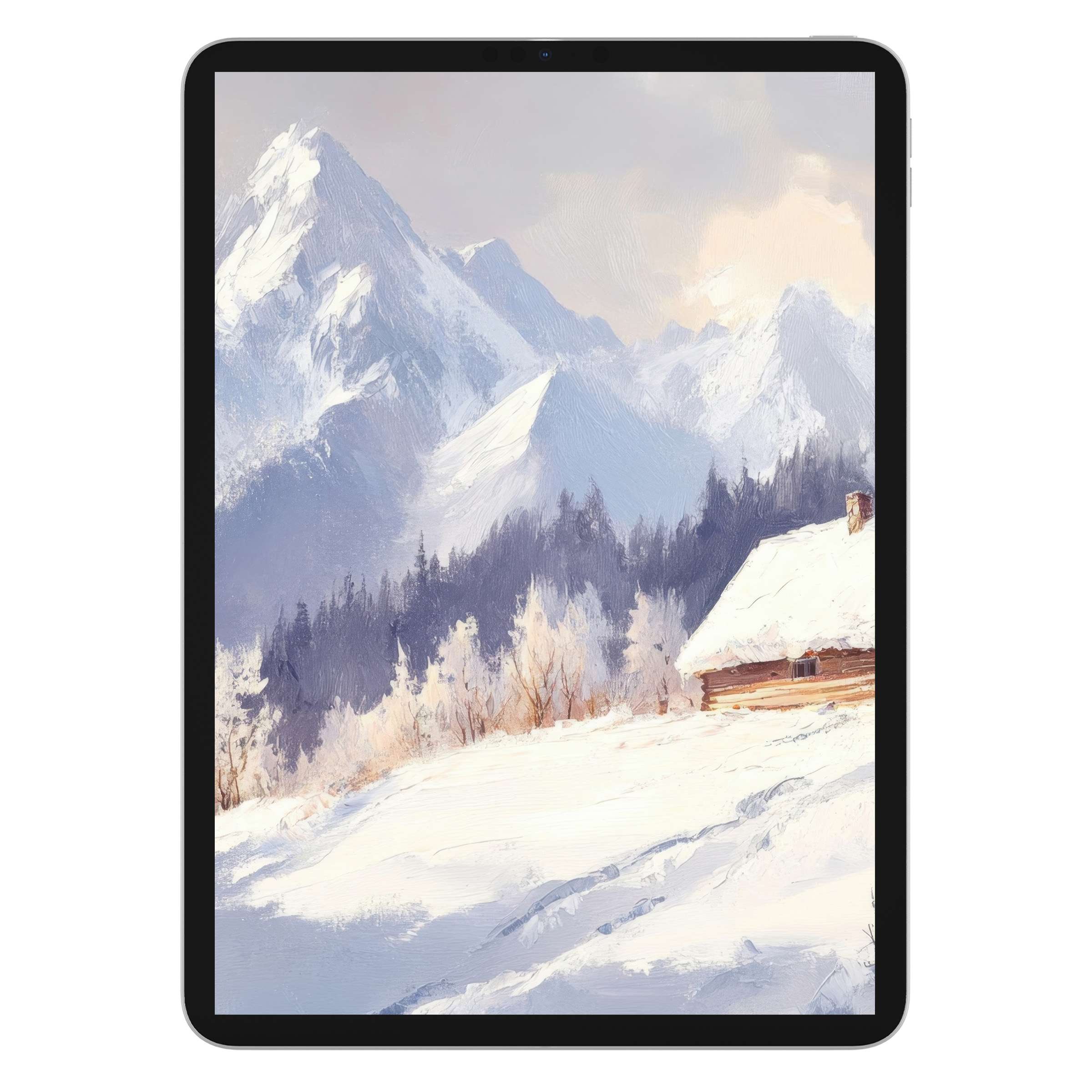 Winter iPad wallpaper showcasing serene snowy mountains and a cabin for tablet background digital download evokes calm elegance