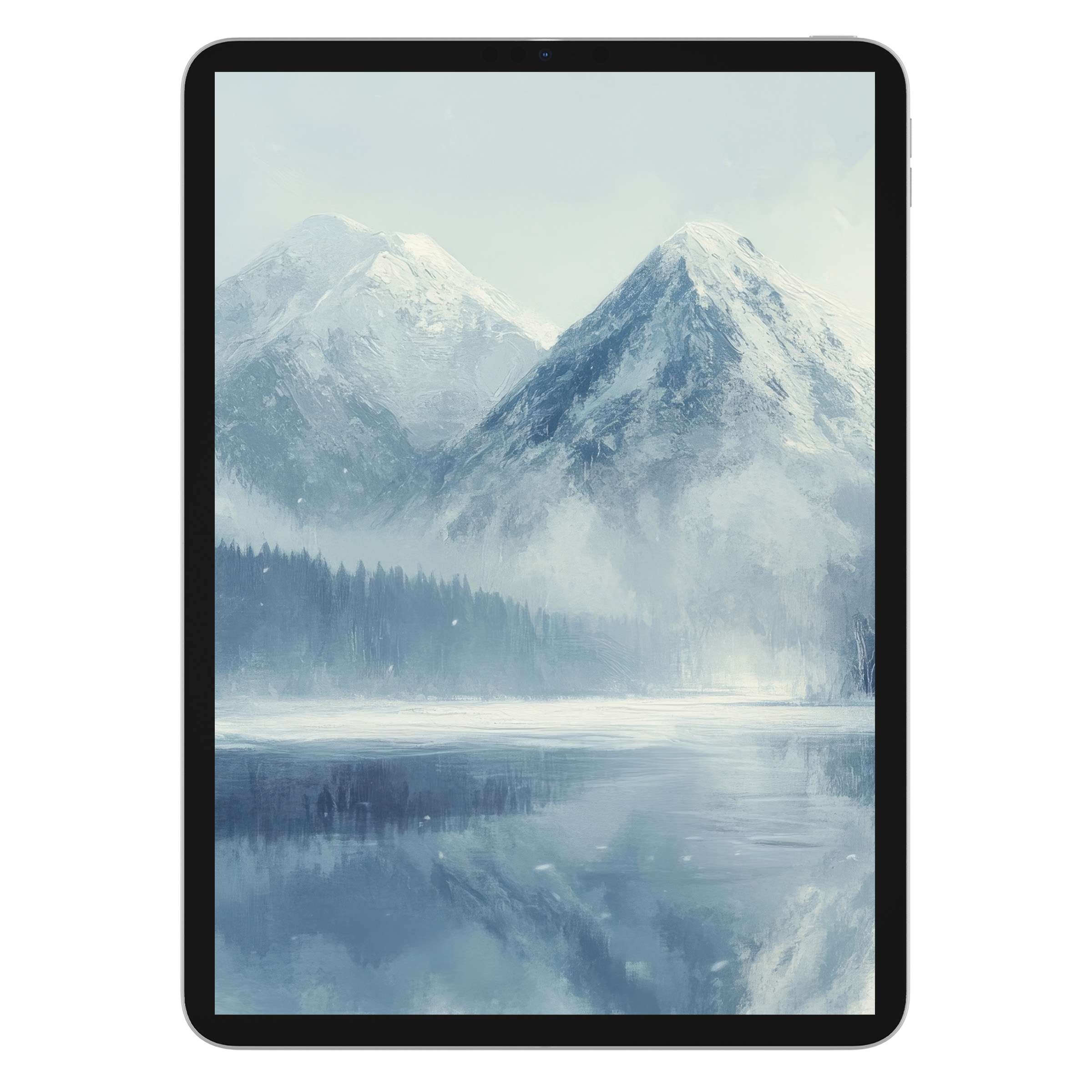Serene winter iPad wallpaper showcasing snow-covered mountains and a calm lake, ideal for tablet background digital download users