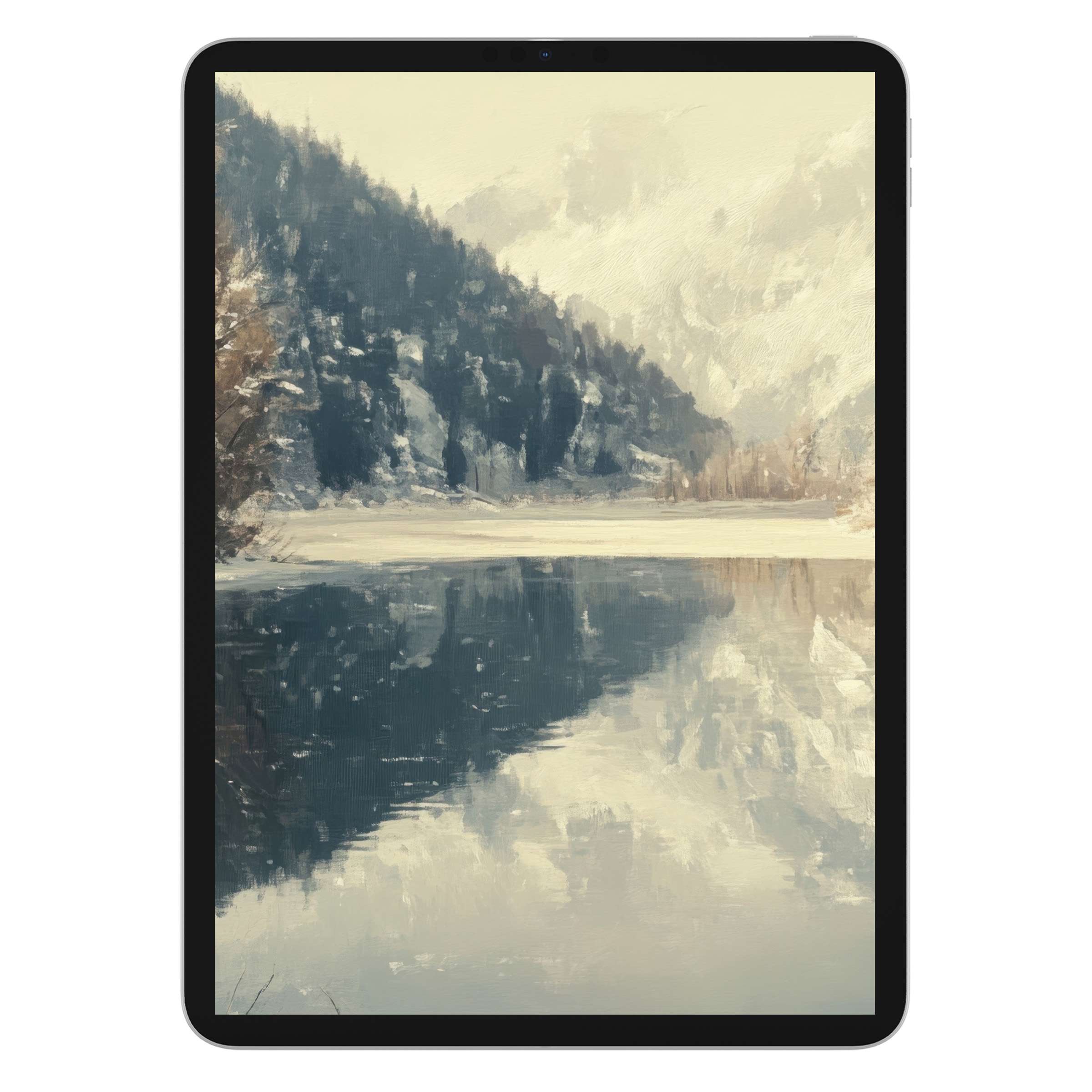 Winter iPad wallpaper featuring serene mountain reflection, ideal digital download for a tranquil tablet background with soft hues