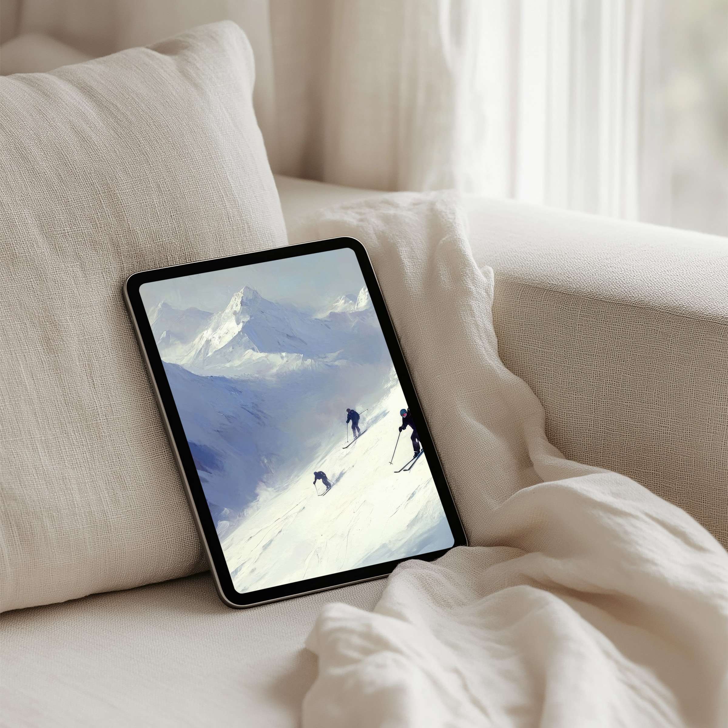 Serene mountain scene as iPad background on a cozy sofa for instant download, perfect for tablet users seeking calm and elegance