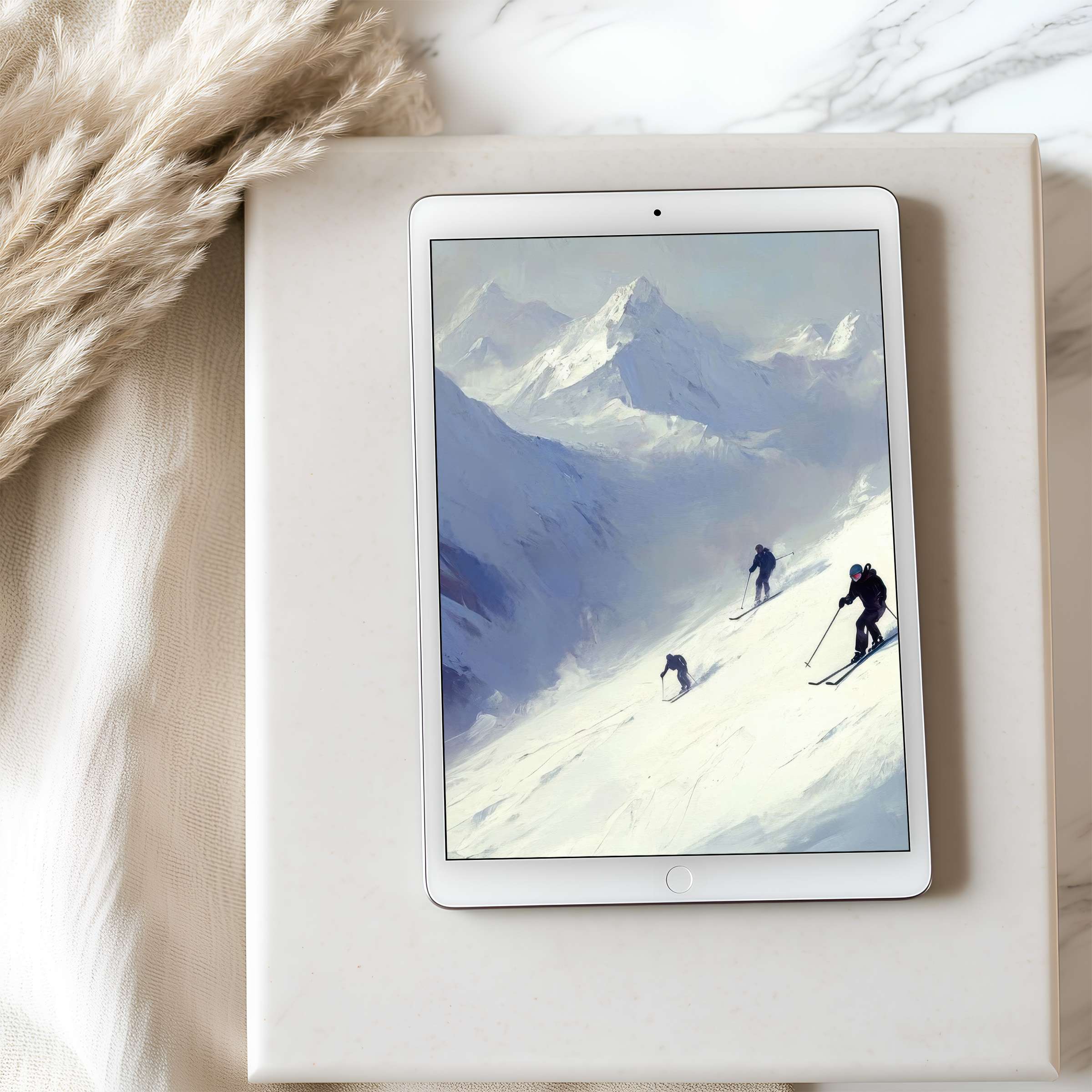 Elegant tablet wallpaper featuring skiers in serene blue mountains, perfect for high resolution iPad display, digital download benefits