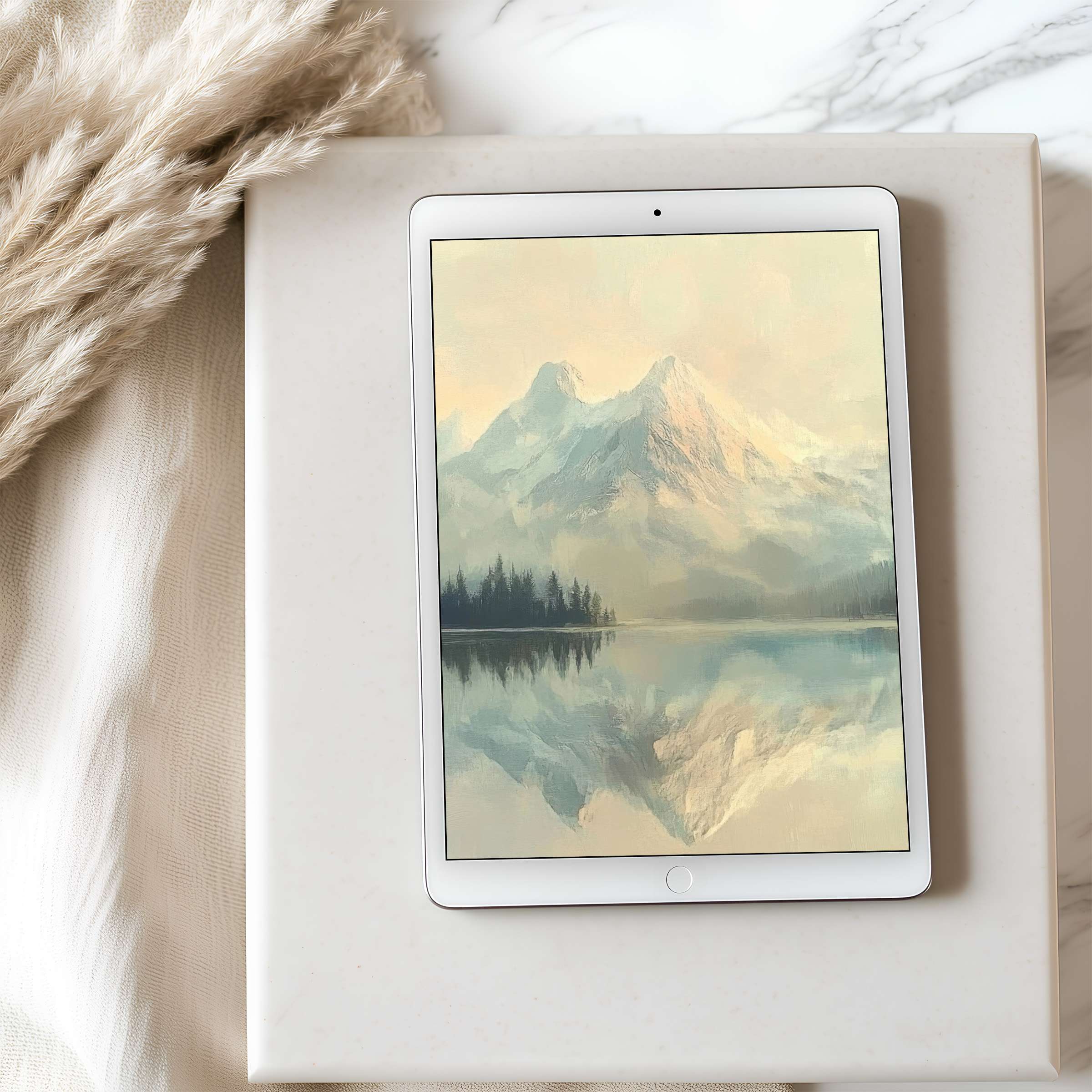 Elegant mountain landscape tablet wallpaper in calming pastel hues, perfect for iPad or Android tablets, high-resolution digital download