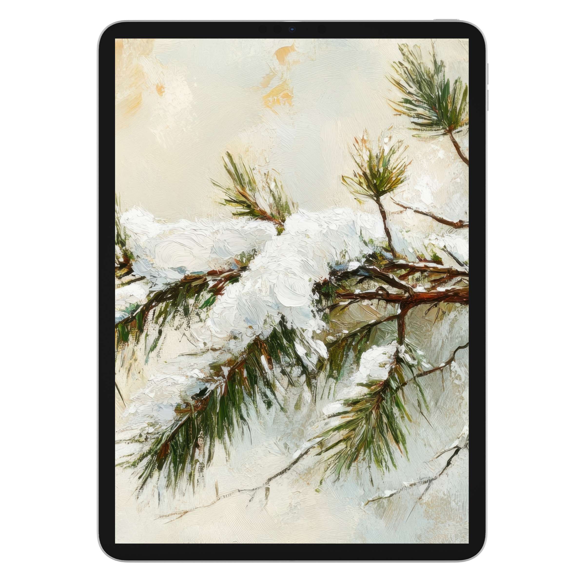 Elegant winter iPad wallpaper featuring snow-dusted pine branches in a serene digital download background for tablet aesthetics