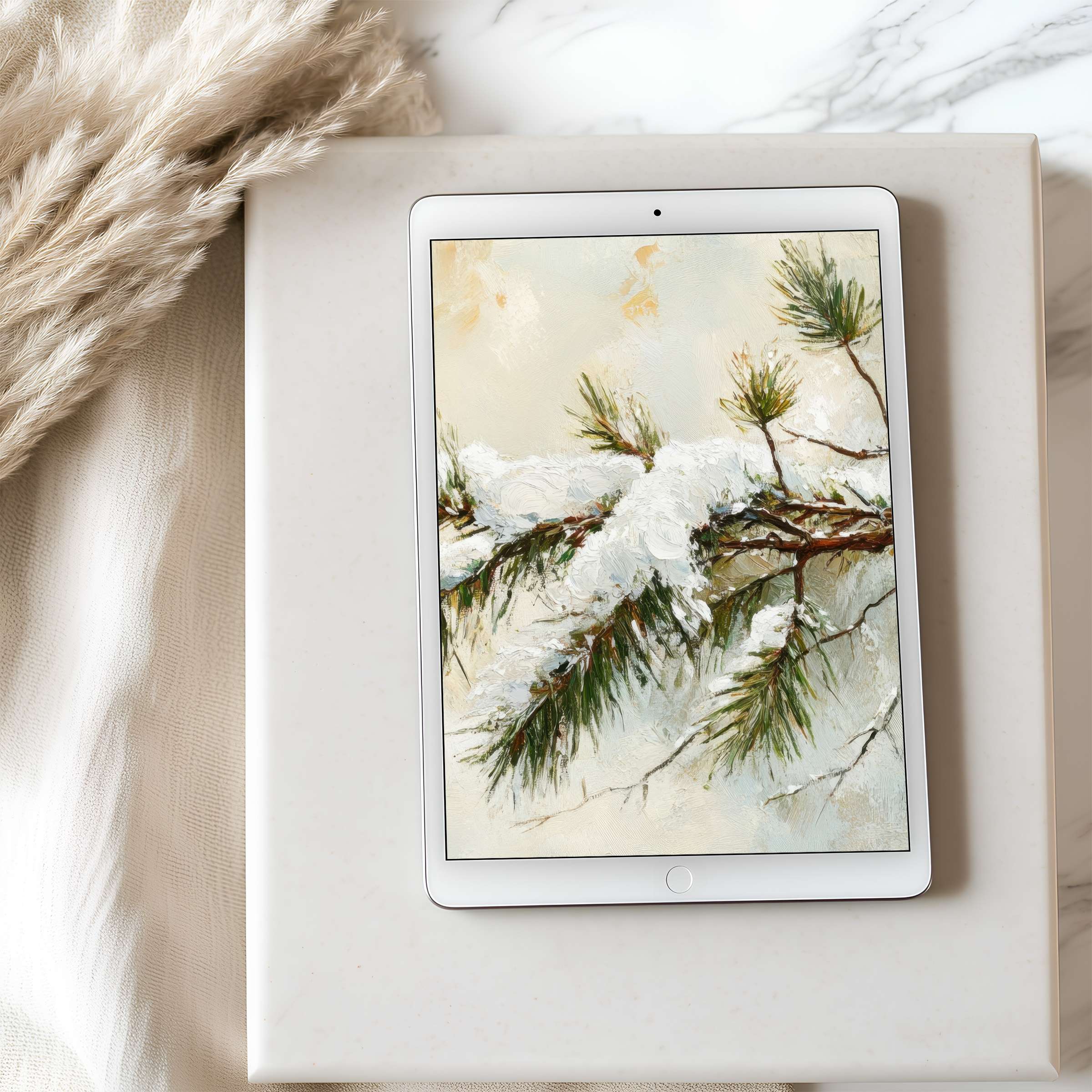 Snowy pine branch artwork featured as a tablet wallpaper offers serene elegance, high resolution for iPad and Android tablets, digital download