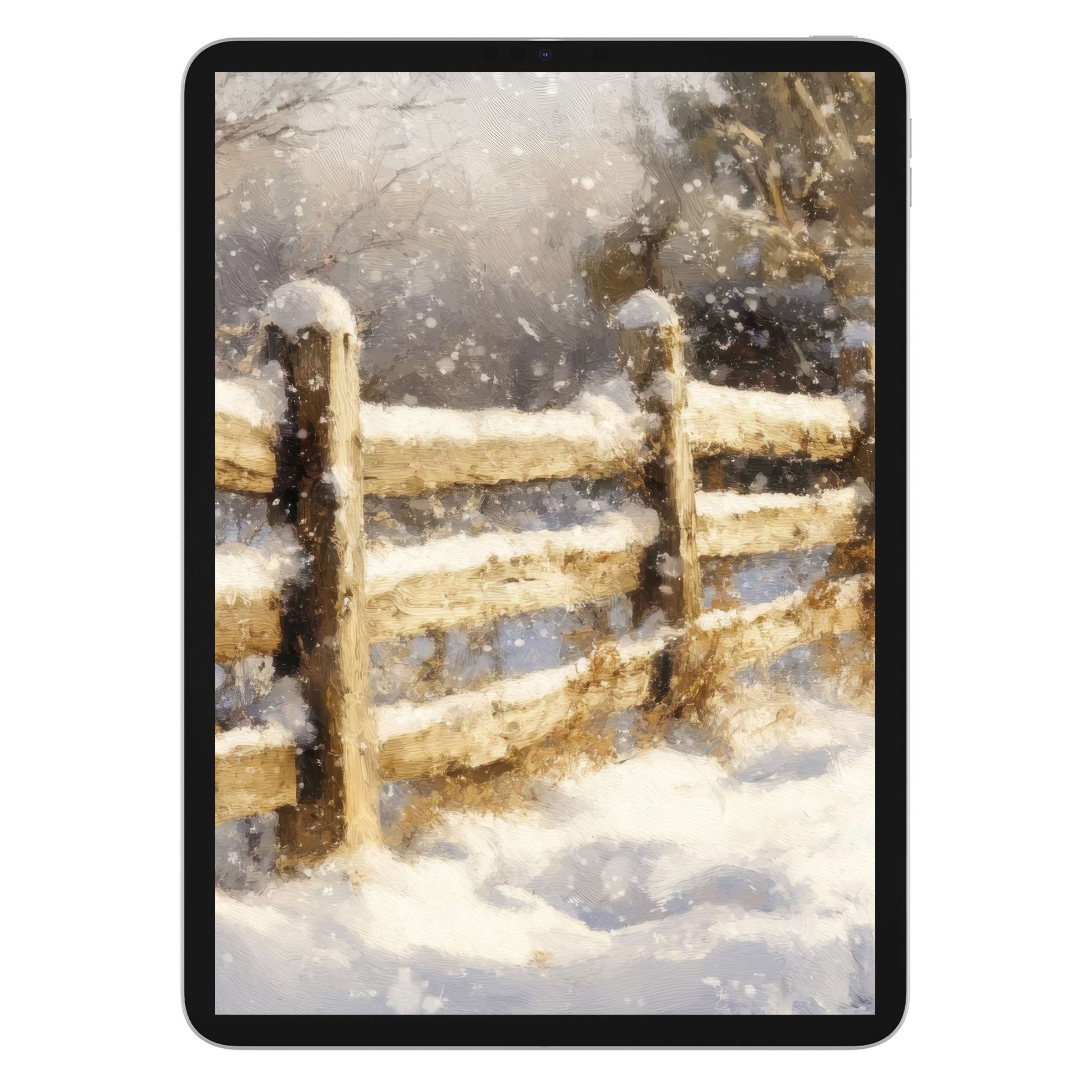 Rustic winter iPad wallpaper with serene snowy wooden fence background, ideal digital download for tablet and seasonal decor