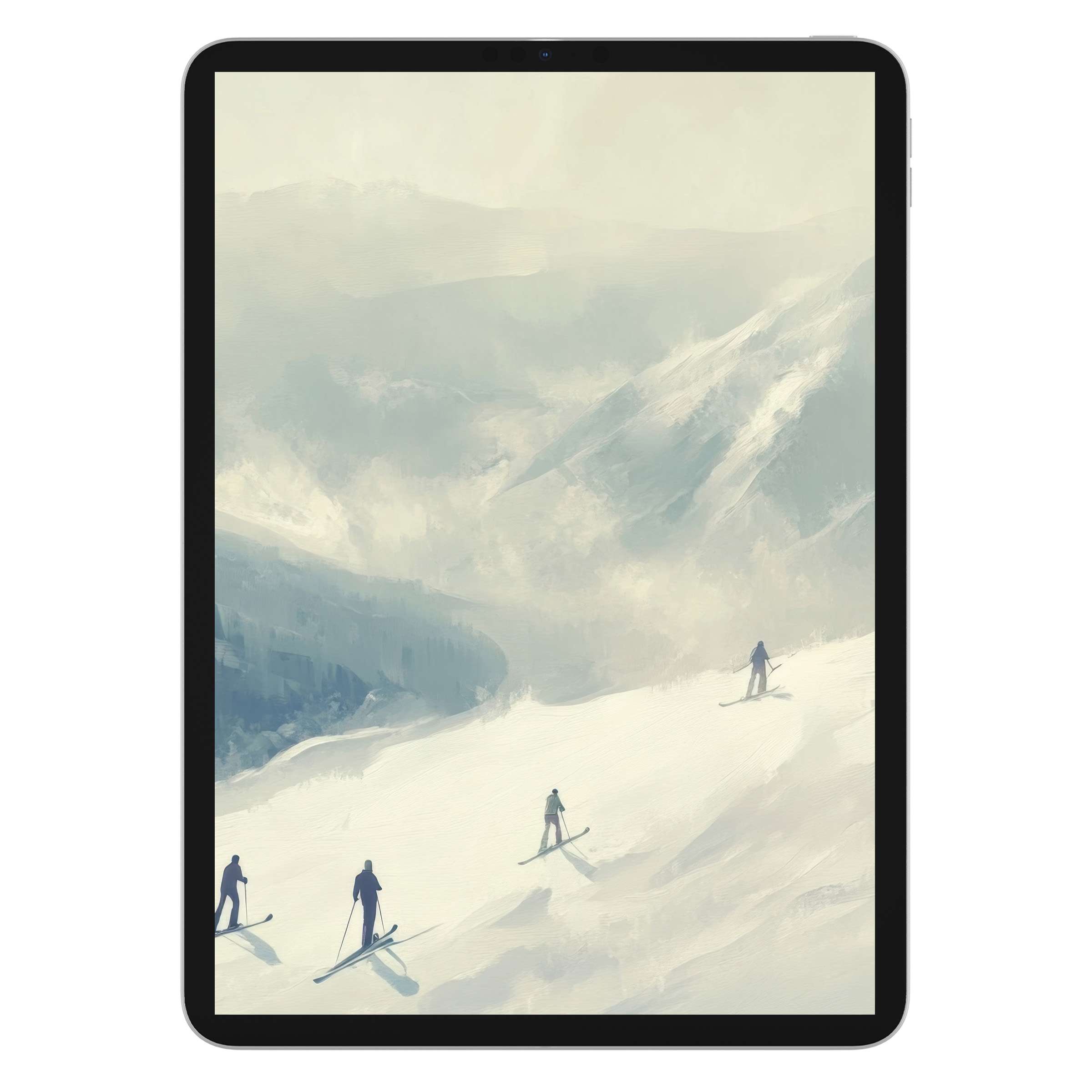 Winter iPad wallpaper with elegant skiers in soothing pastels evokes a calm landscape background ideal for any tablet digital download
