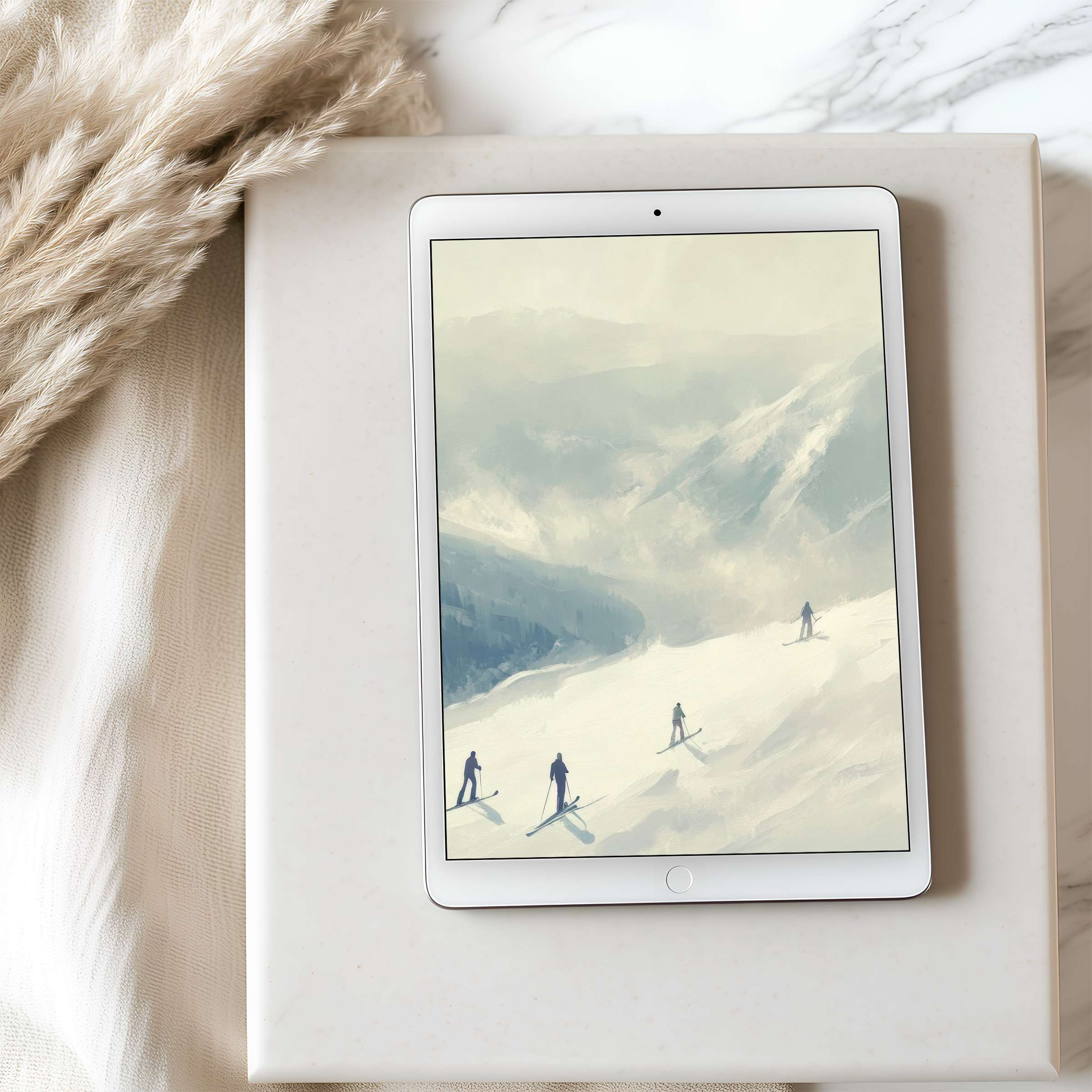 Elegant tablet wallpaper featuring serene snowy mountains with skiers, perfect for iPad, Android, and high-resolution digital download