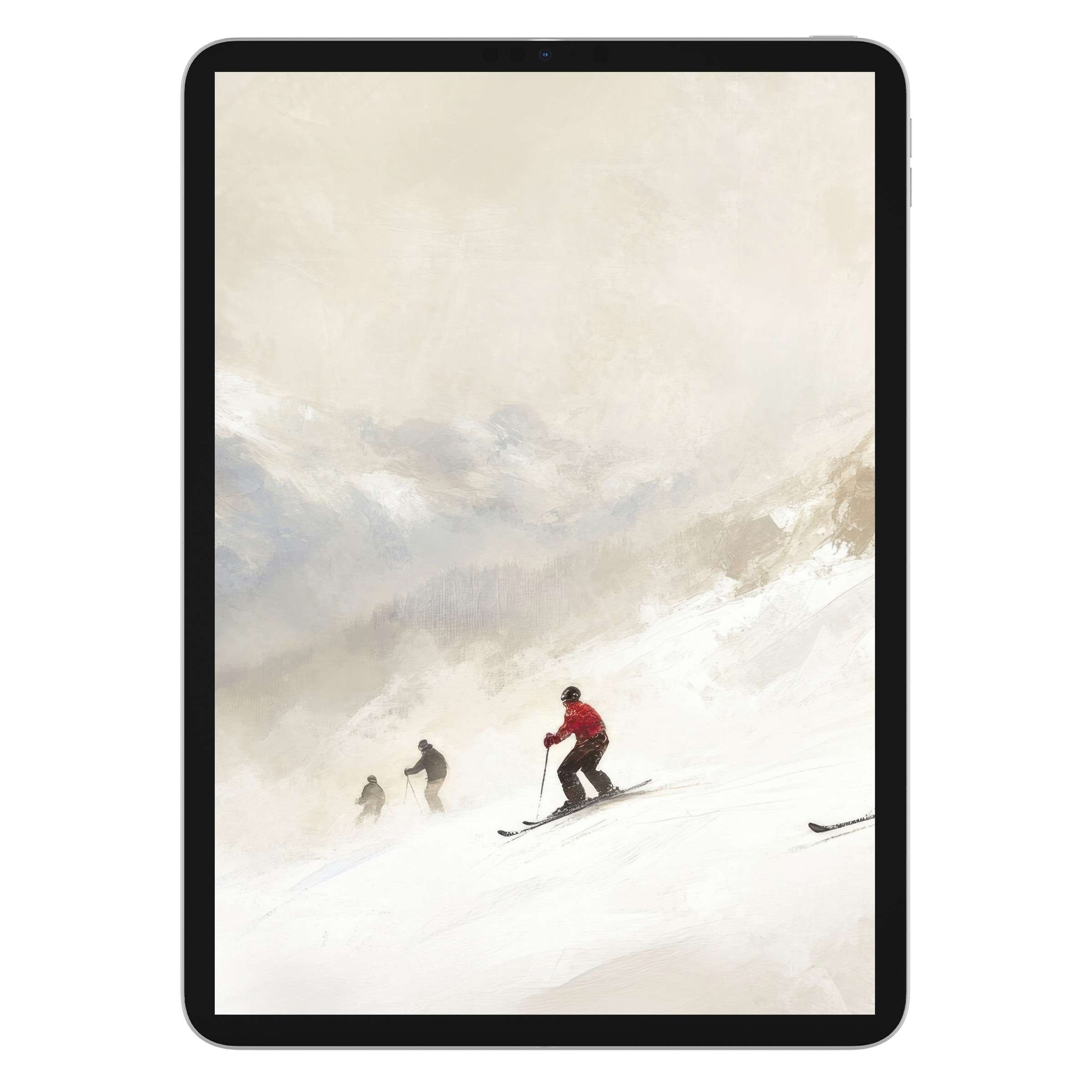 Winter iPad wallpaper featuring skiers in serene snow-covered mountains, perfect for a calming digital download tablet background