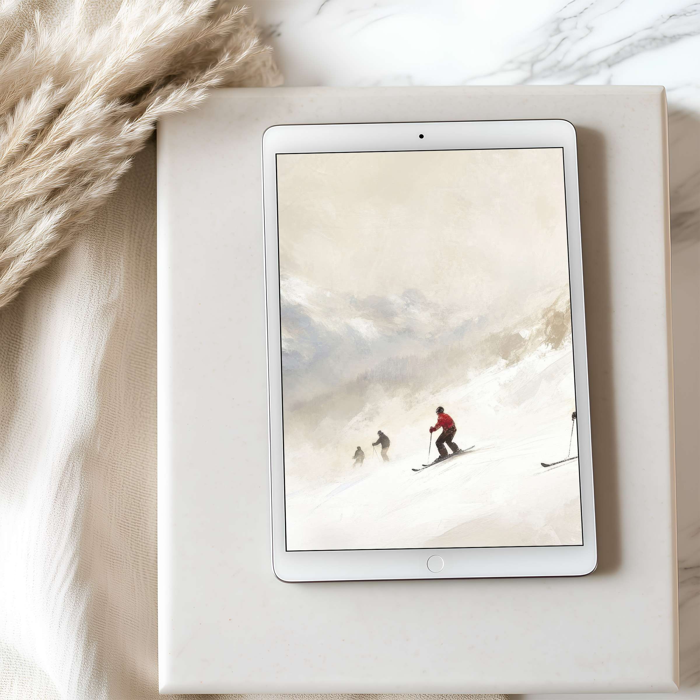 Elegant snowy mountain scene tablet wallpaper for iPad and Android digital download blending serene hues and minimalist decor elegance