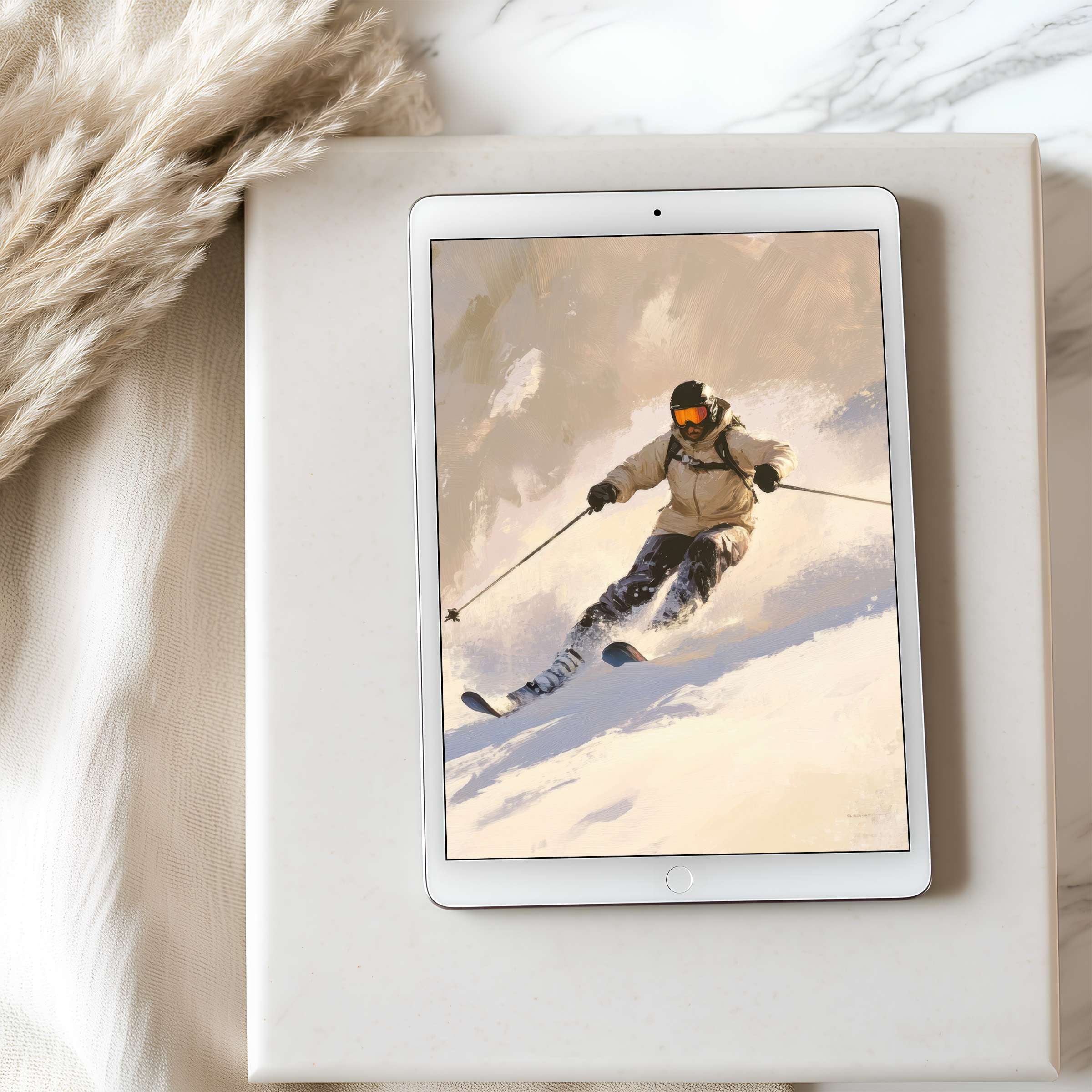 Dynamic ski scene tablet wallpaper in soft pastels offers high resolution elegance for iPad or Android tablets perfect for digital download