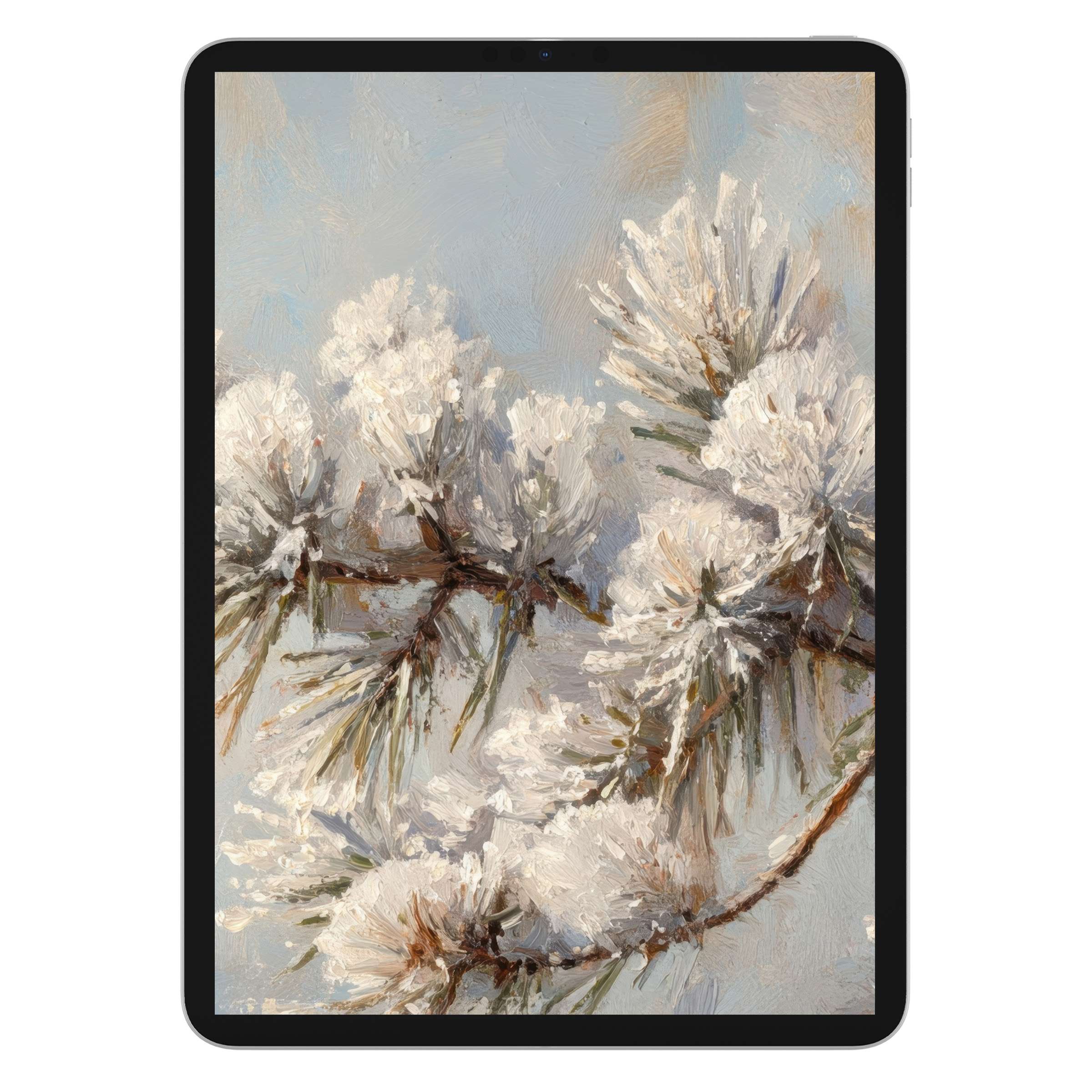 Winter iPad wallpaper with painterly snow-covered branches evokes calm; a perfect digital download for tablet backgrounds