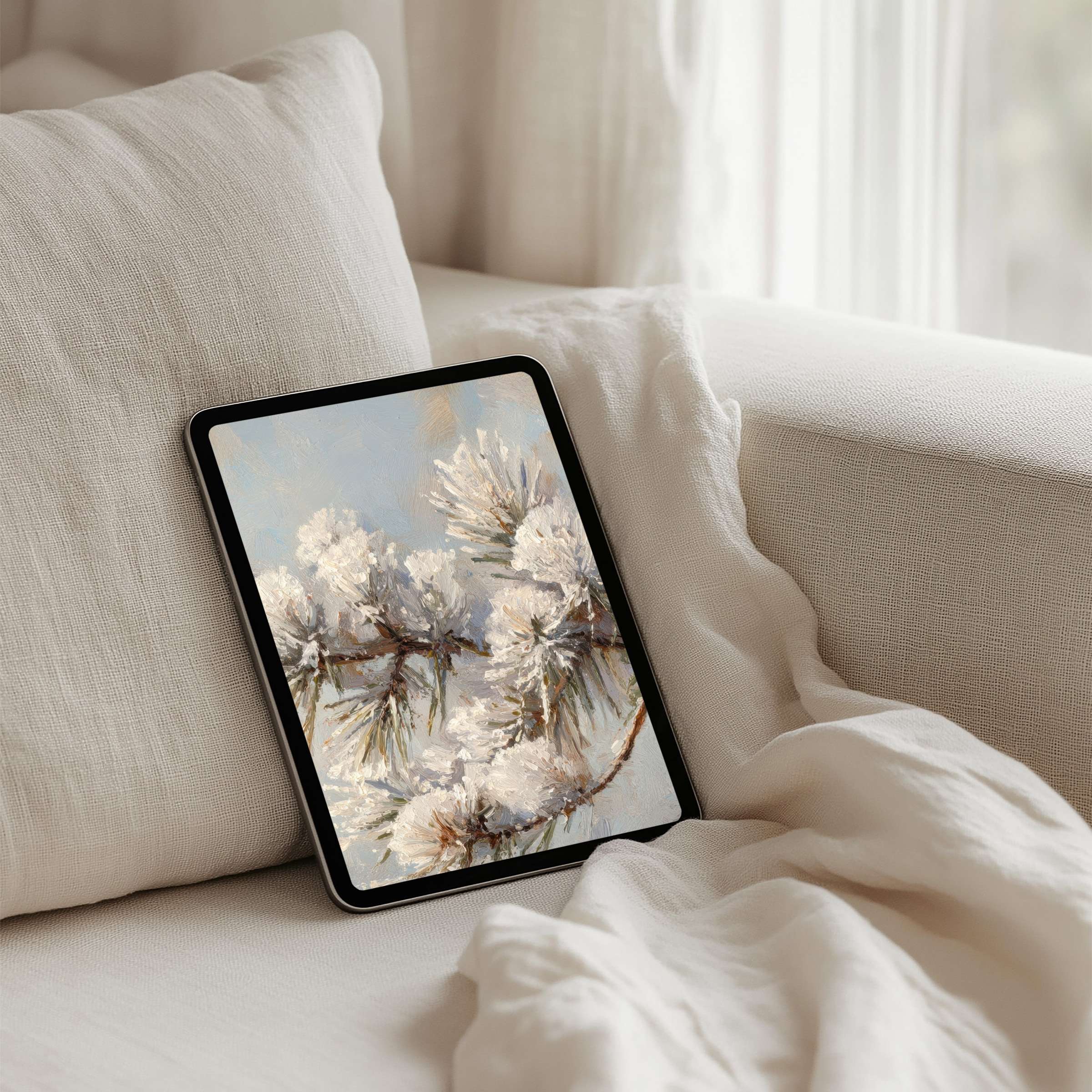 Serene winter scene iPad background for instant download brings calm elegance to your tablet with sustainable art inspiration