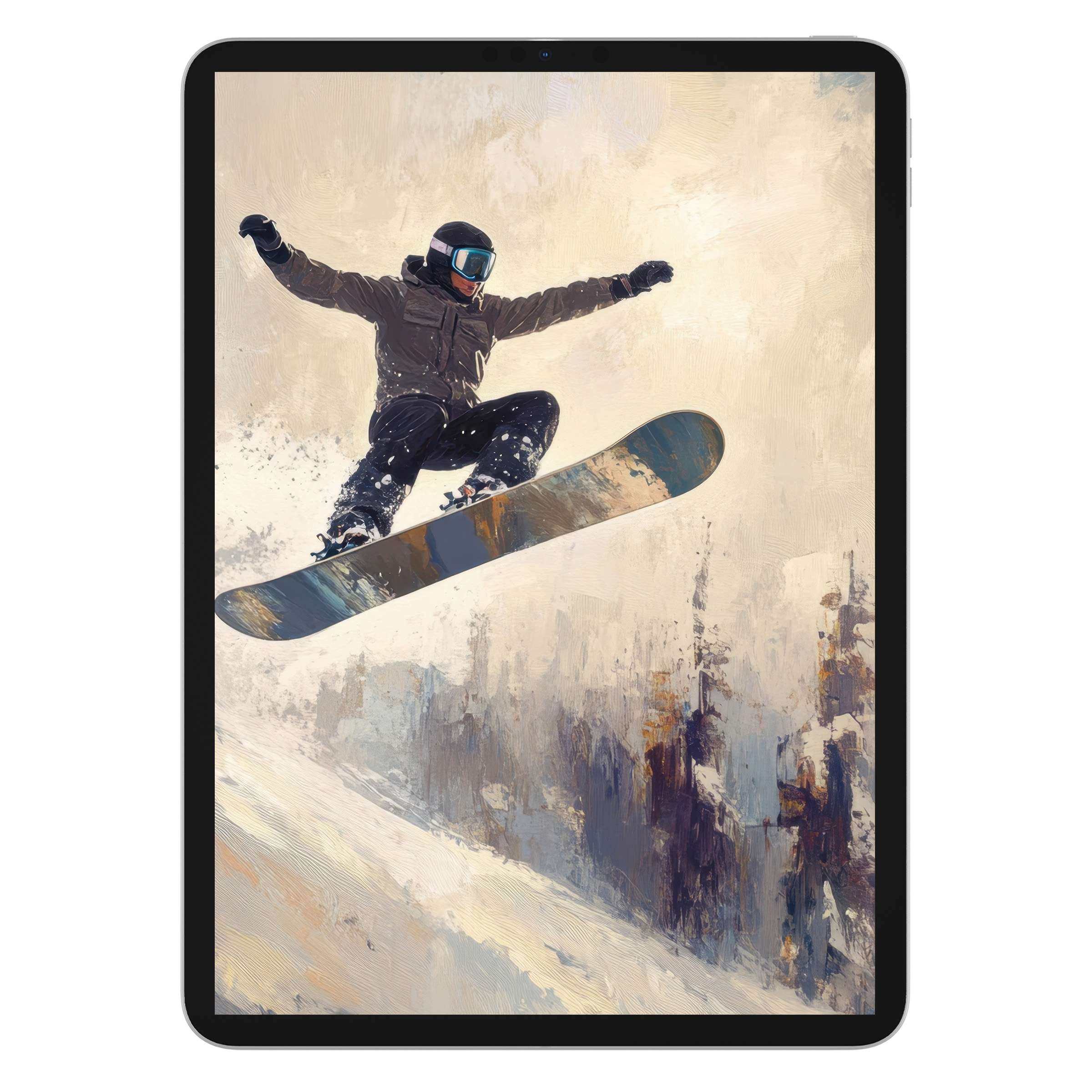 Dynamic winter iPad wallpaper featuring a snowboarder in motion against a snowy digital background, perfect for tablets and easy digital download