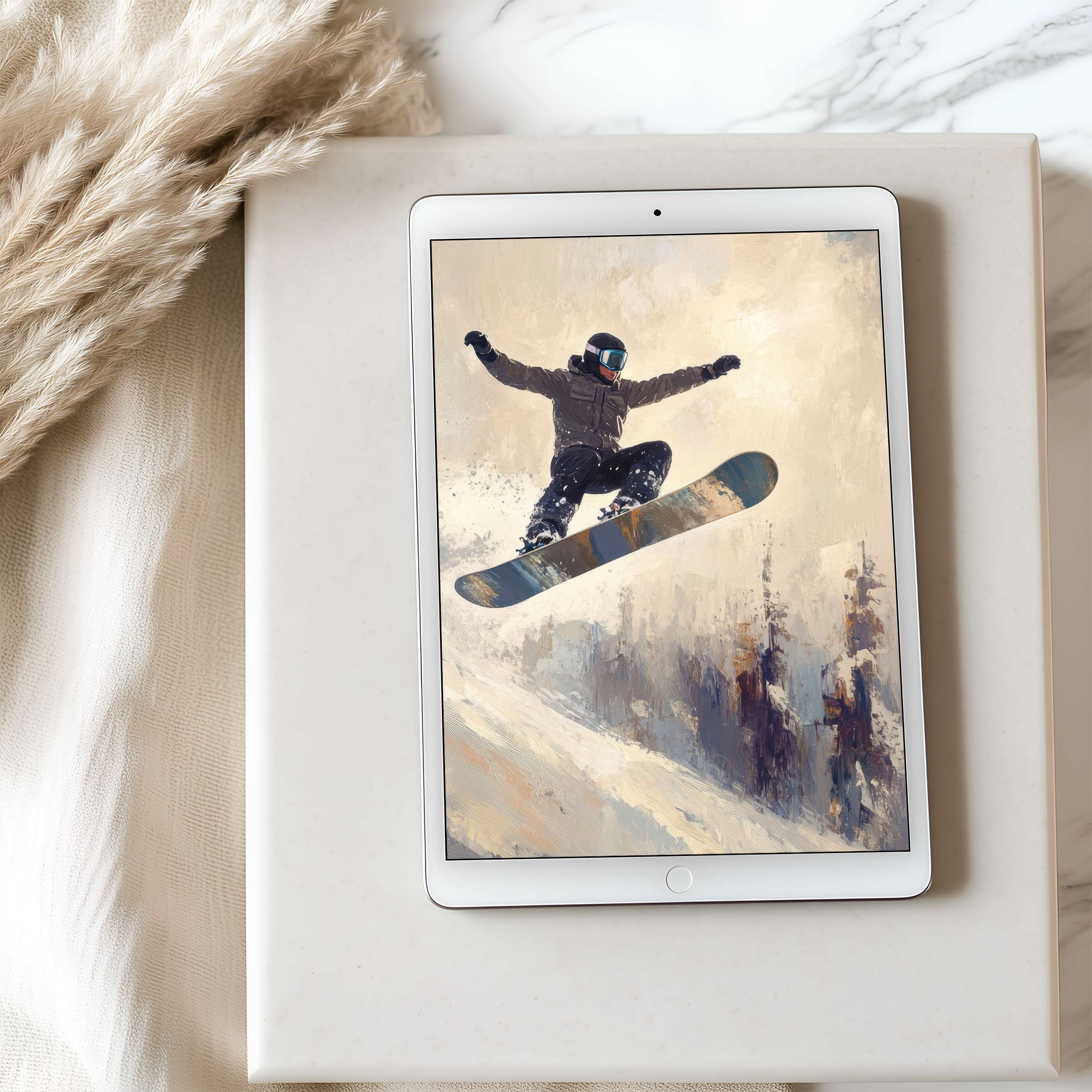 Dynamic snowboarder art on a high resolution tablet wallpaper exudes winter adventure vibes suitable for iPad digital download
