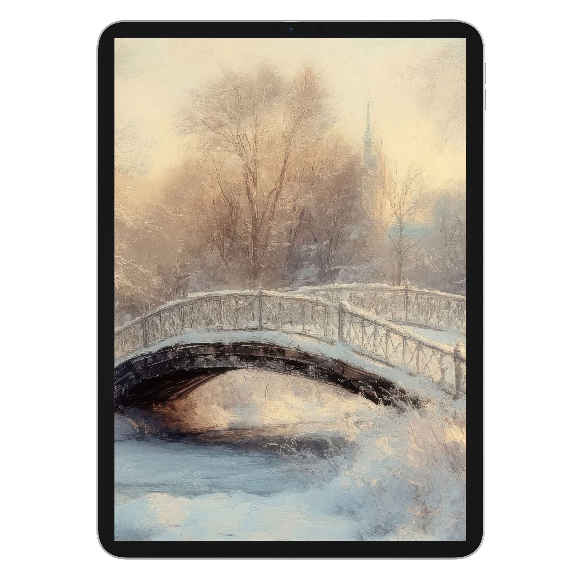 Elegant winter iPad wallpaper showcasing a serene snowy bridge scene digital download perfect background for tablet aesthetics tranquility