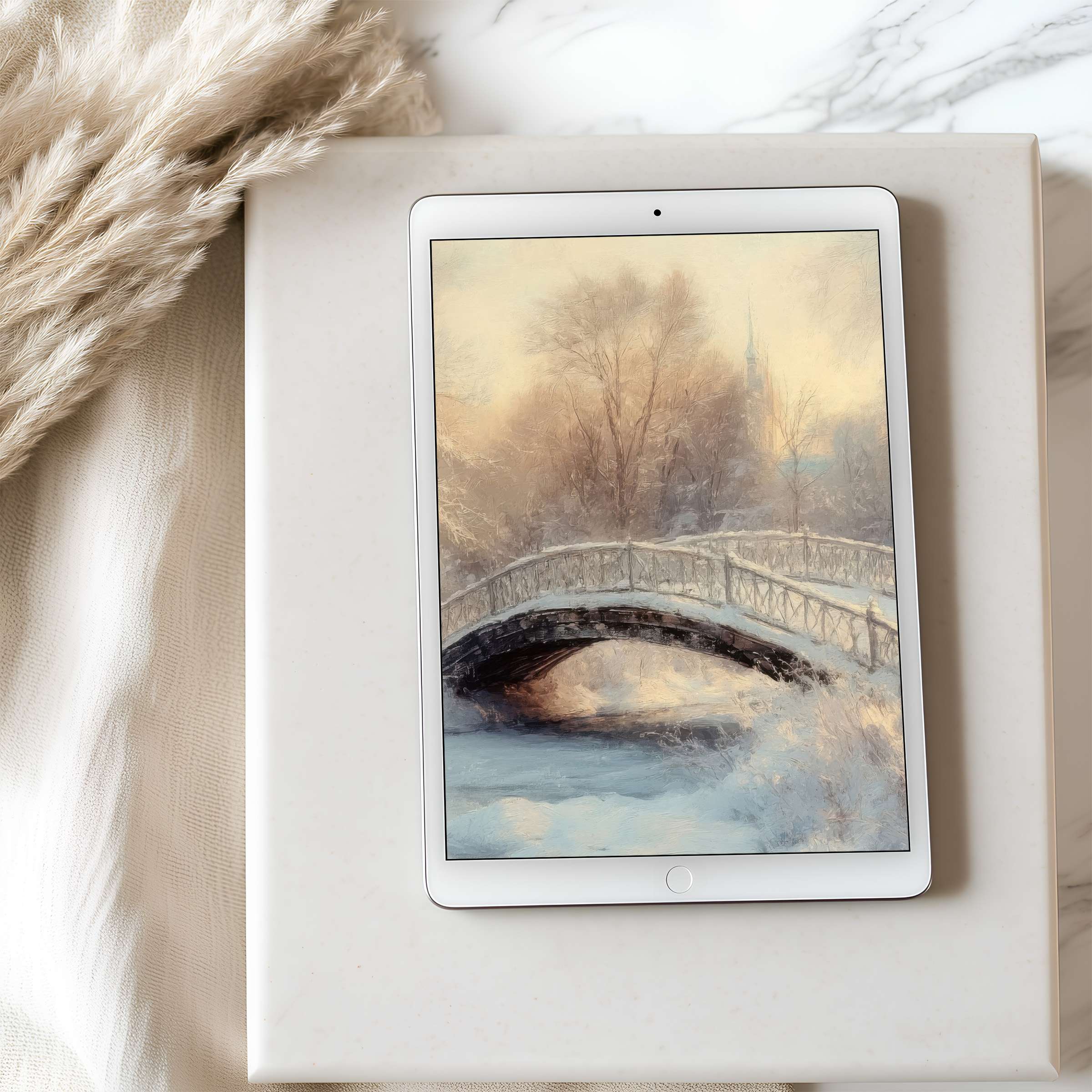 Dreamy winter scene tablet wallpaper with soft pastels on iPad, enhancing your space with high resolution elegance and tranquility