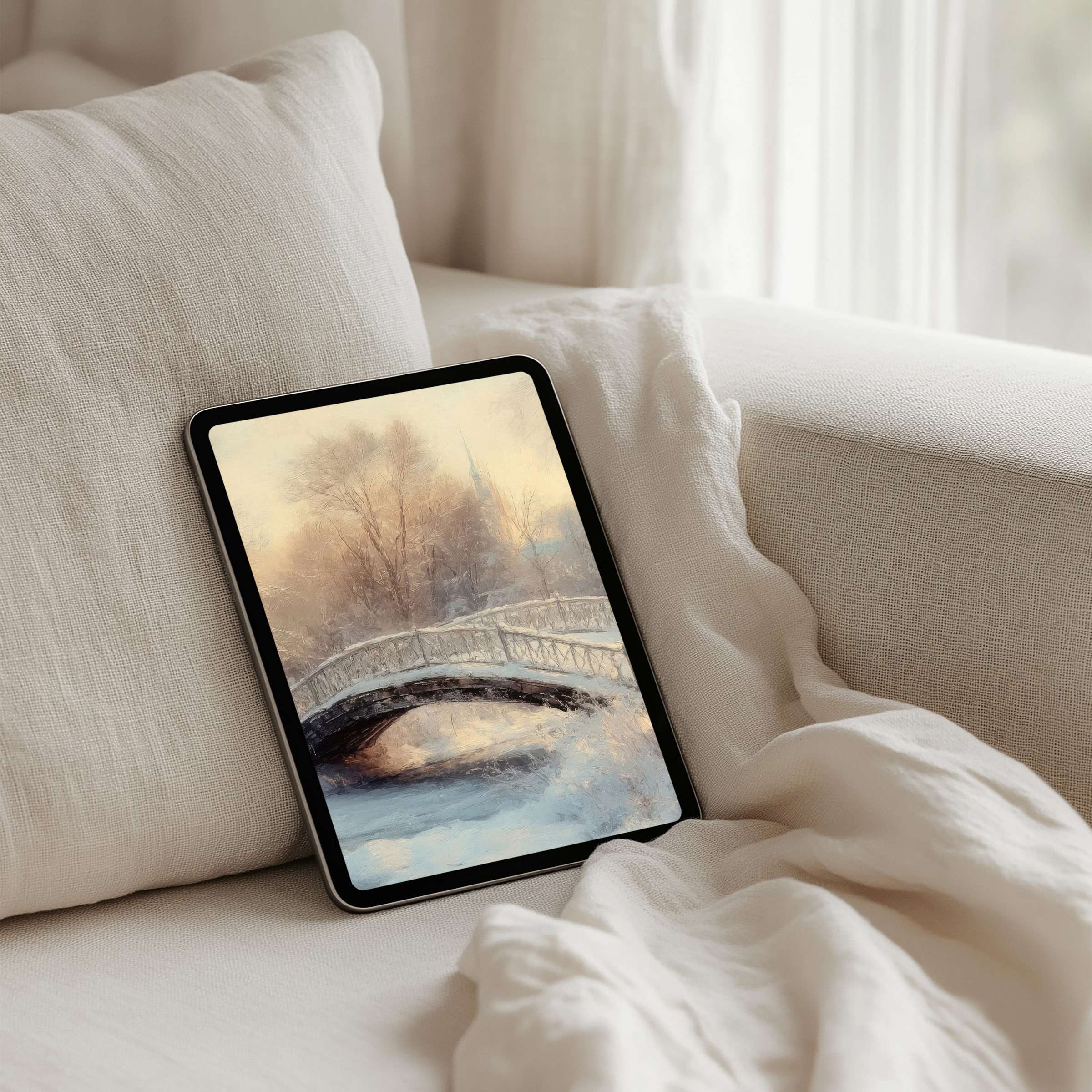 Elegant snowy landscape painting iPad background offers instant download for tablets inspiring calm and mindfulness in your space