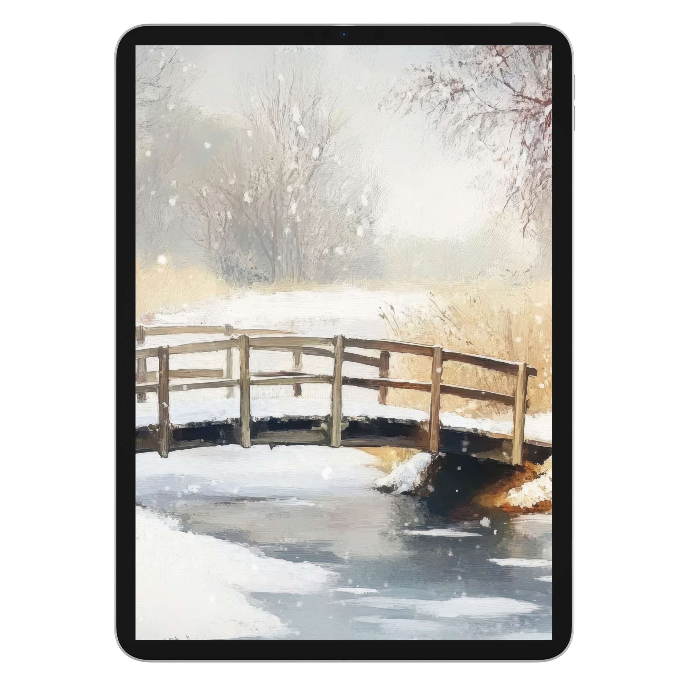 Winter iPad wallpaper featuring a serene snowy bridge scene, perfect digital download for elegant tablet backgrounds promoting tranquility