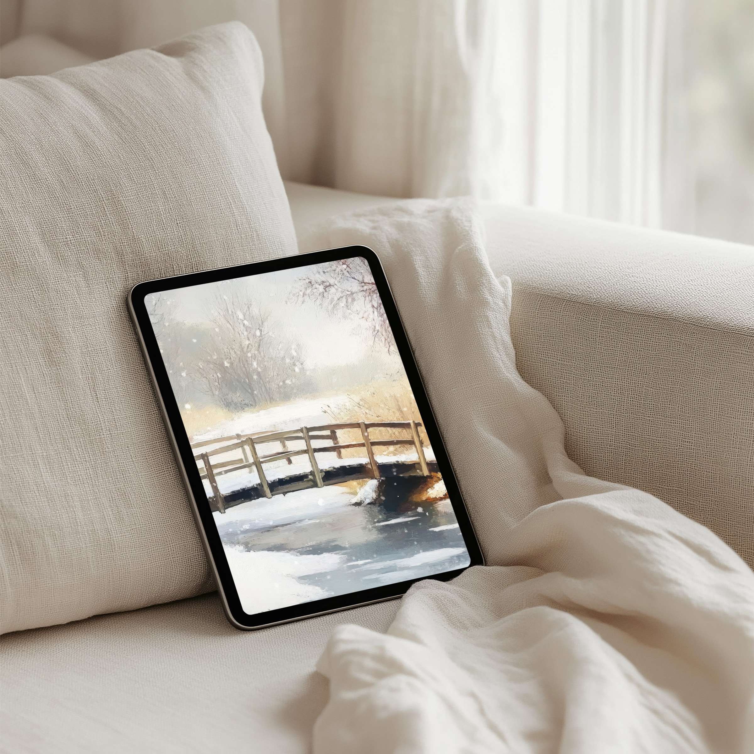 Elegant winter landscape iPad background for instant download enhances tablet aesthetics with calm inspiration and mindful serenity